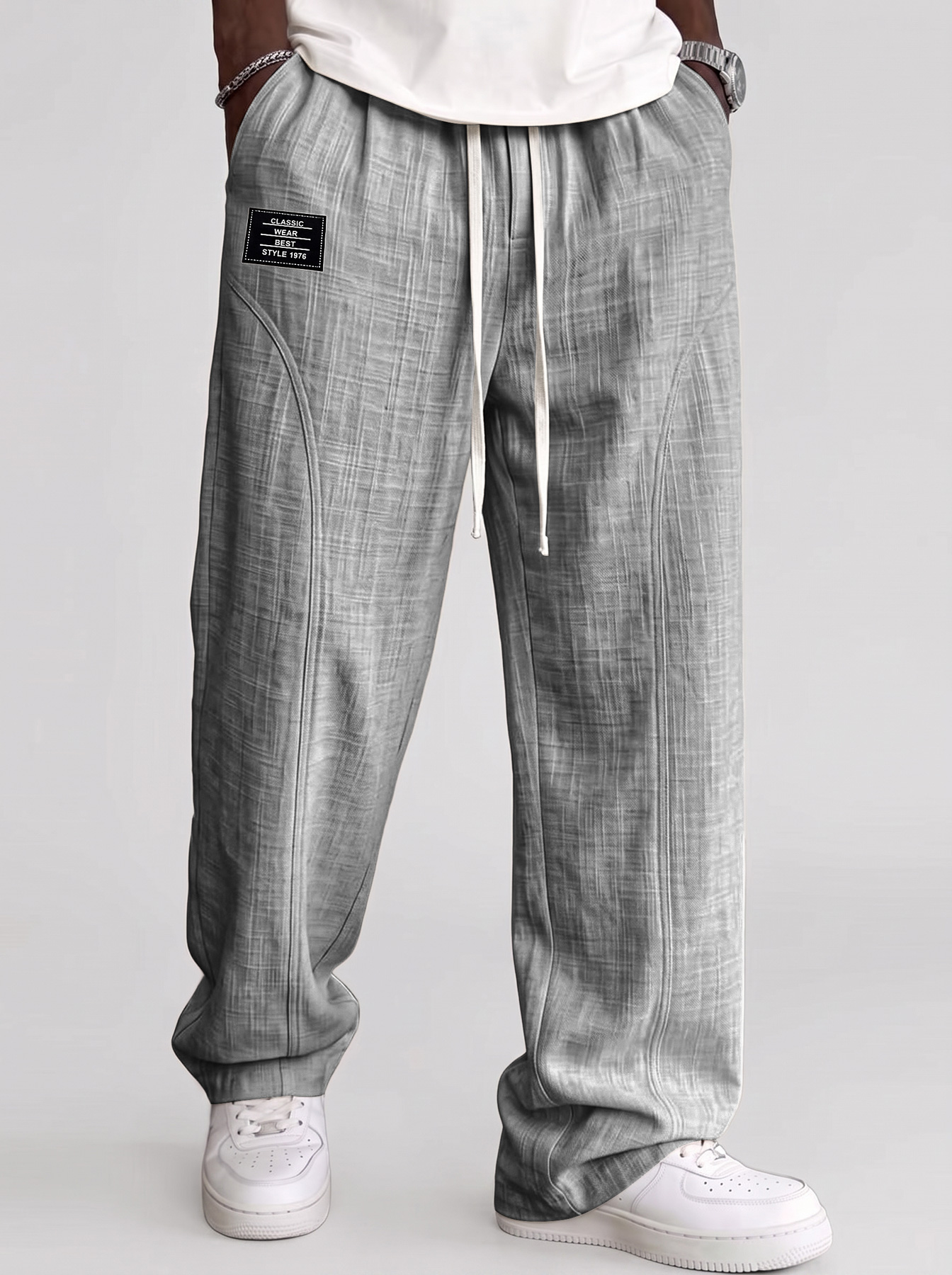 Men's Comfortable Cotton-Linen Casual Trousers with Deconstructed Design and Embroidered Logo