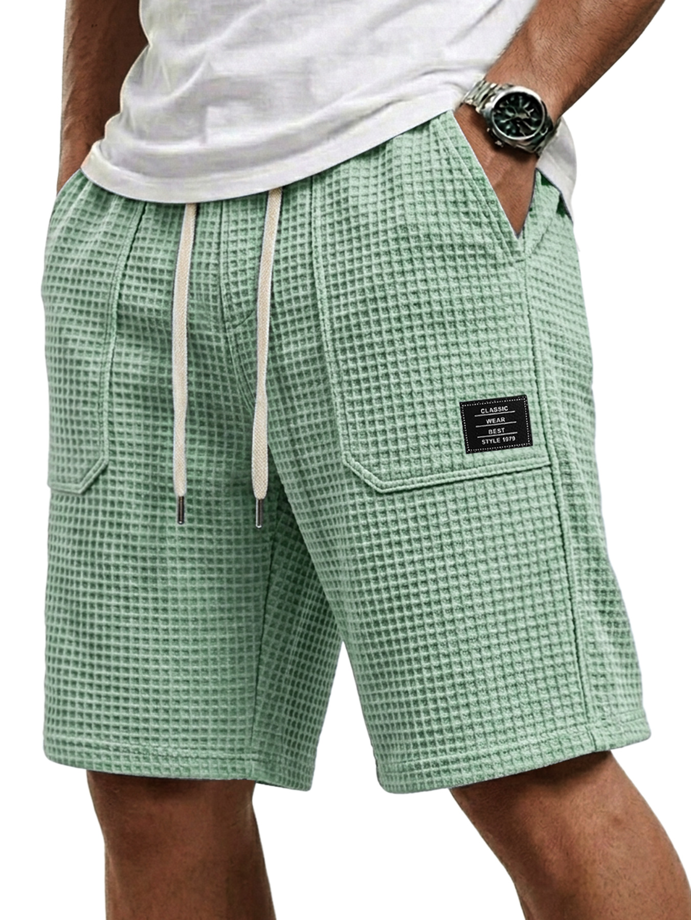 Men's Waffle Patch Pocket Embroidered Logo Casual Shorts