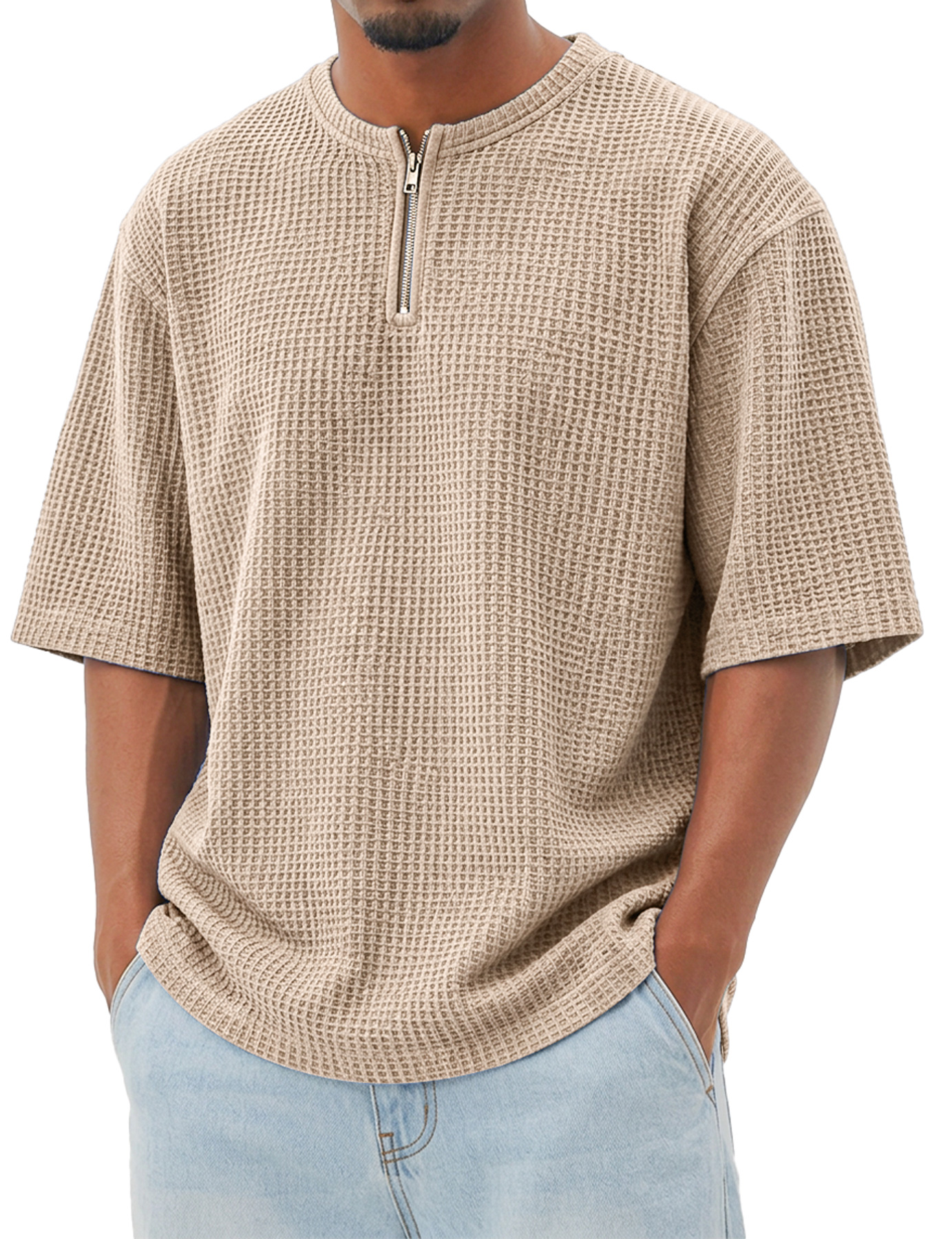 Men's Waffle-Knit Crew-Neck Short-Sleeve T-Shirt with Zipper Detail