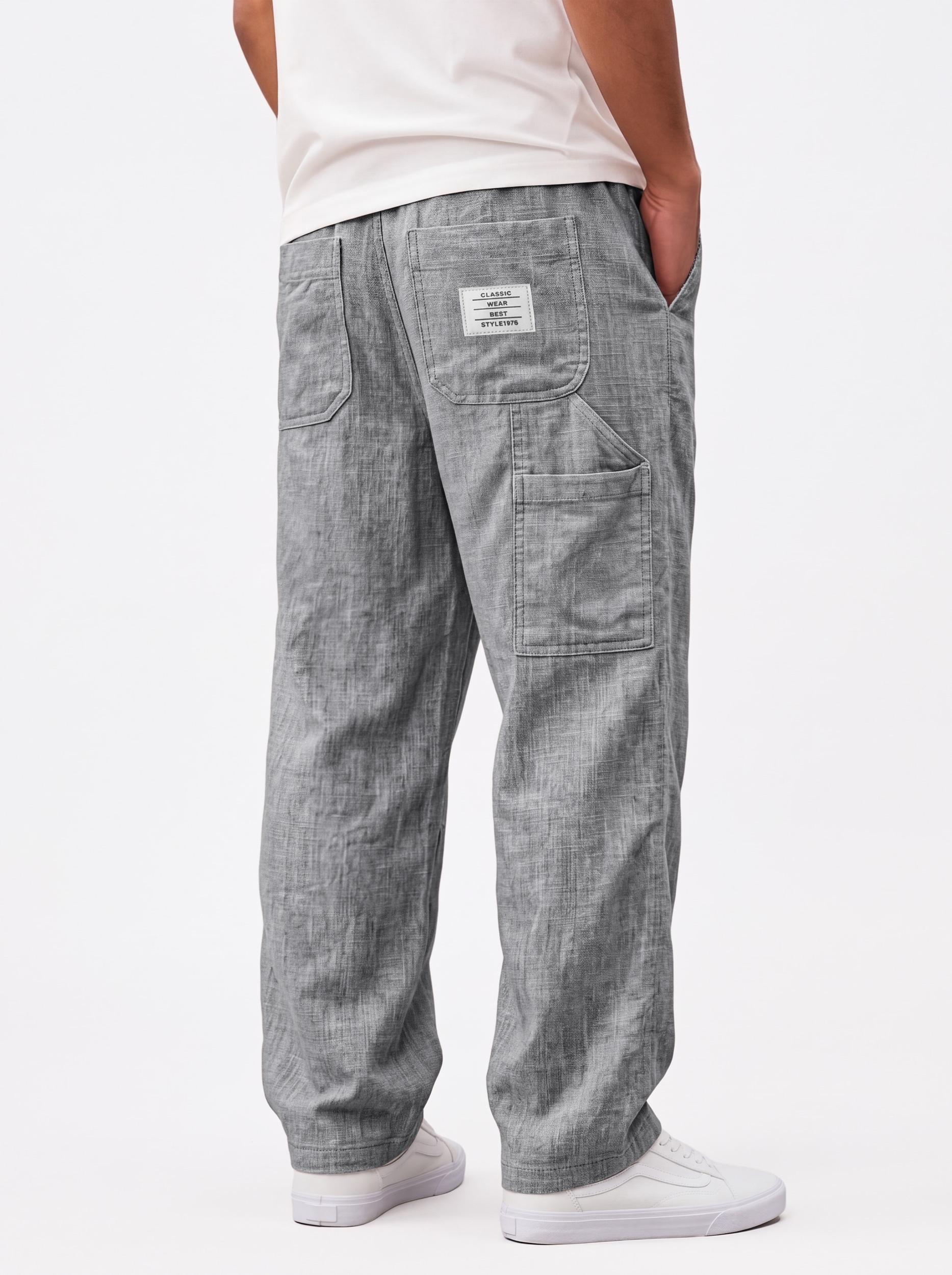 Men's Casual Linen Cargo Trousers with Embroidered Logo and Multiple Pockets