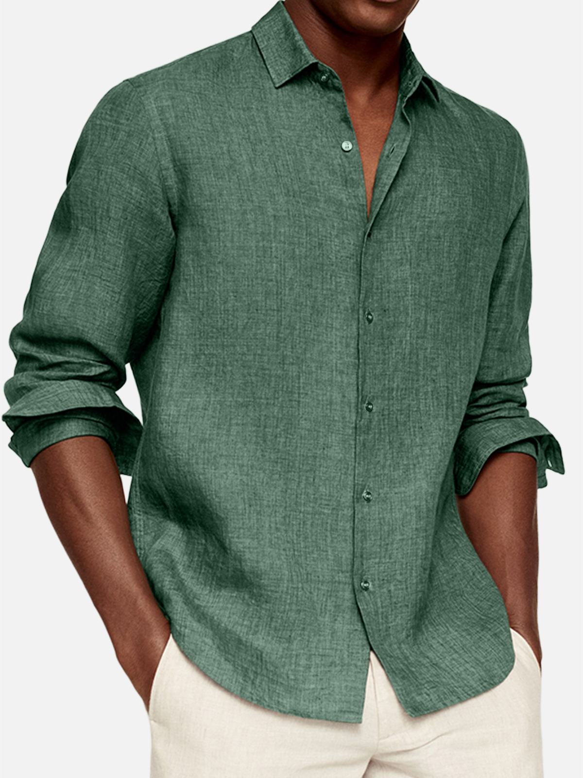 Men's Casual Cotton And Linen Solid Color Lapel Comfortable Long-sleeved Shirt
