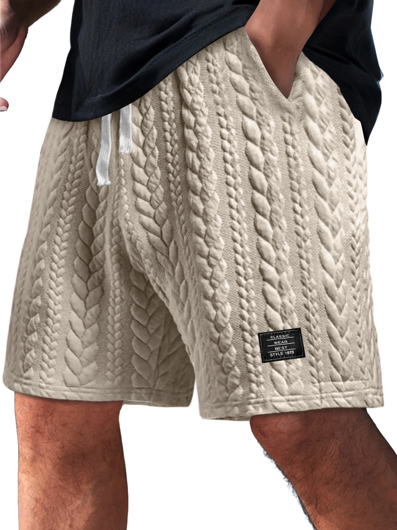 Men's Daily Twist Texture Embroidered Logo Loose Solid Color Shorts