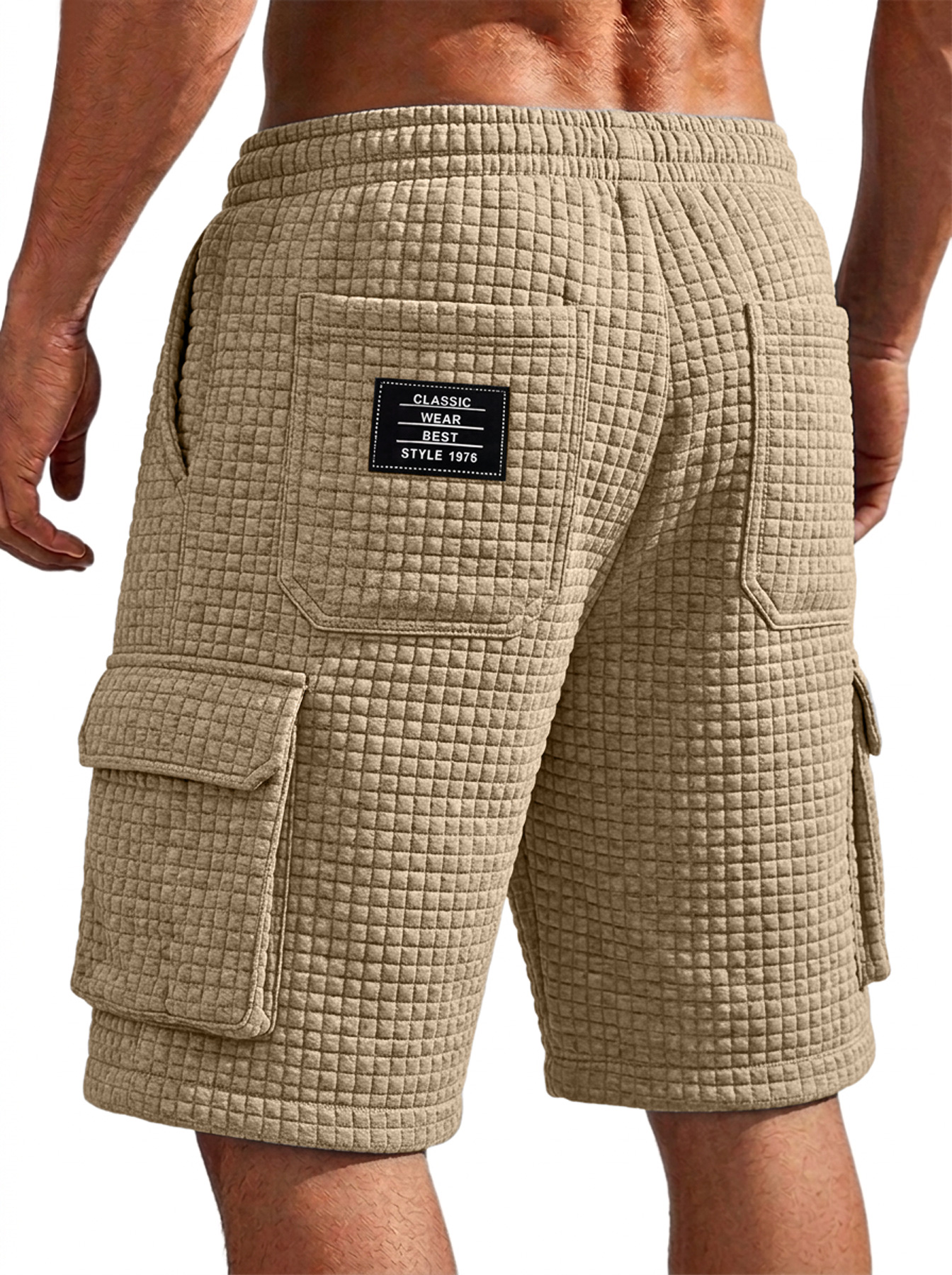Men's Small-Check Multi-Pocket Casual Utility Shorts with Embroidered Logo