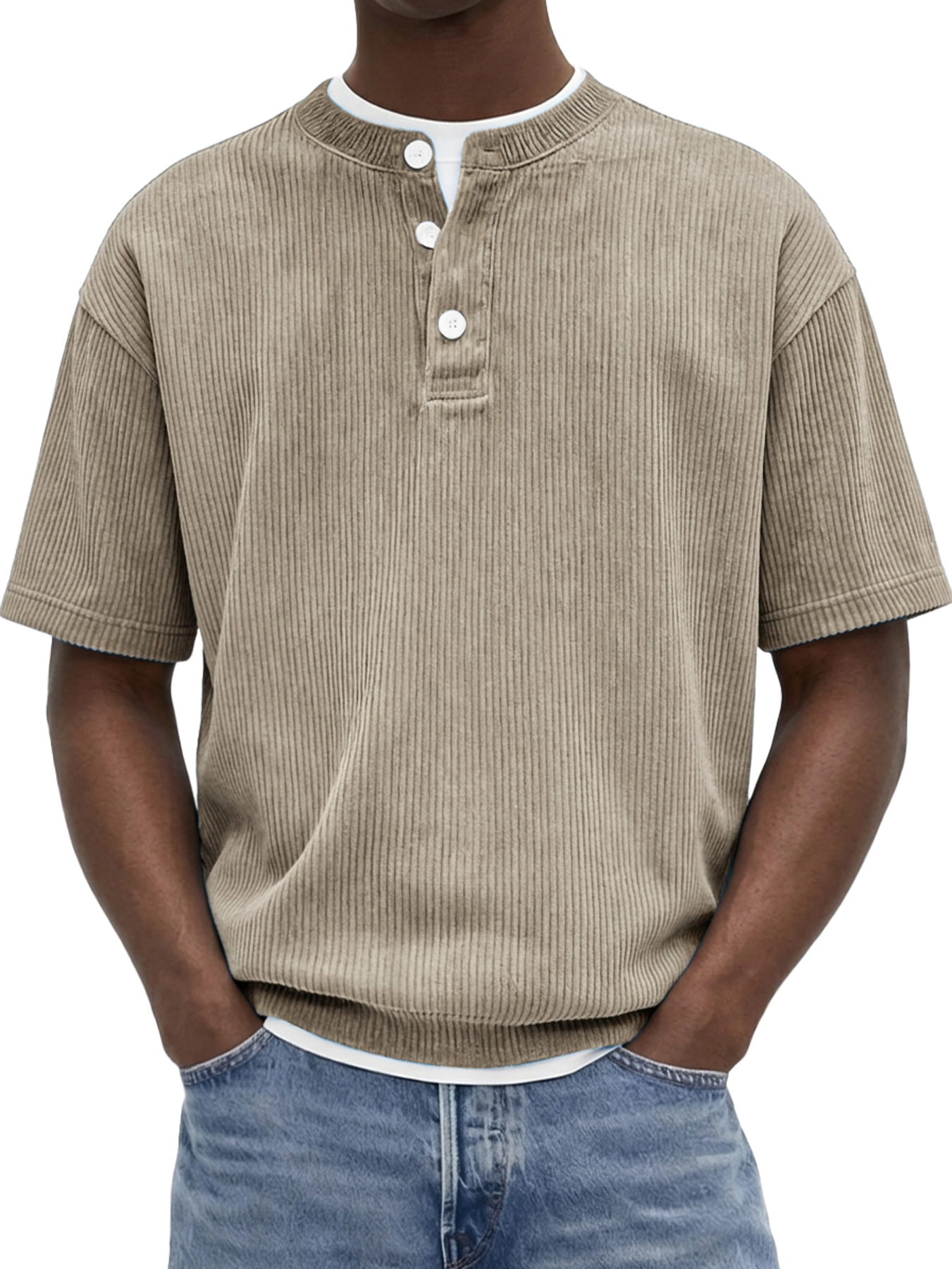 Men's Retro Corduroy Casual Short-Sleeve Henley Shirt