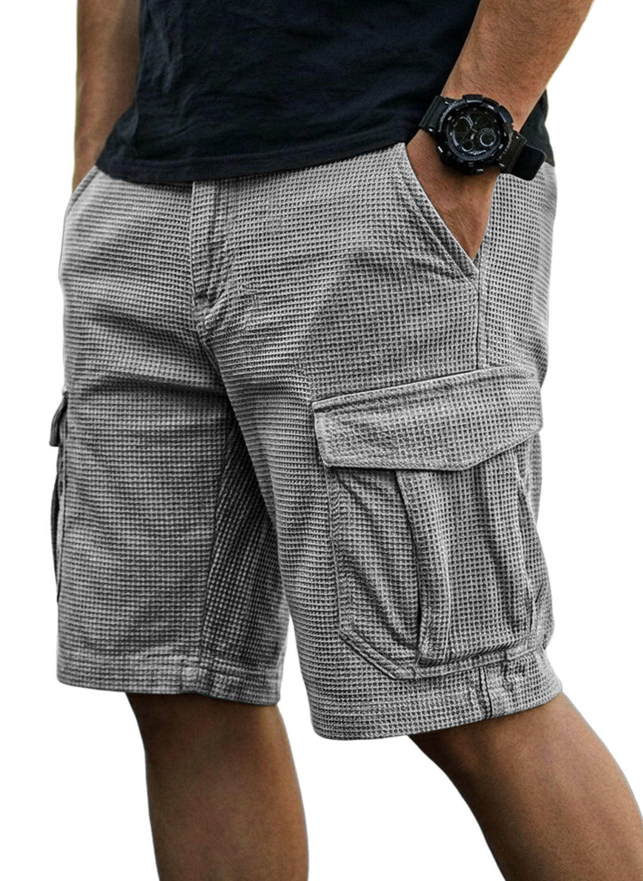 Men's Casual Waffle-Knit Multi-Pocket Cargo Shorts