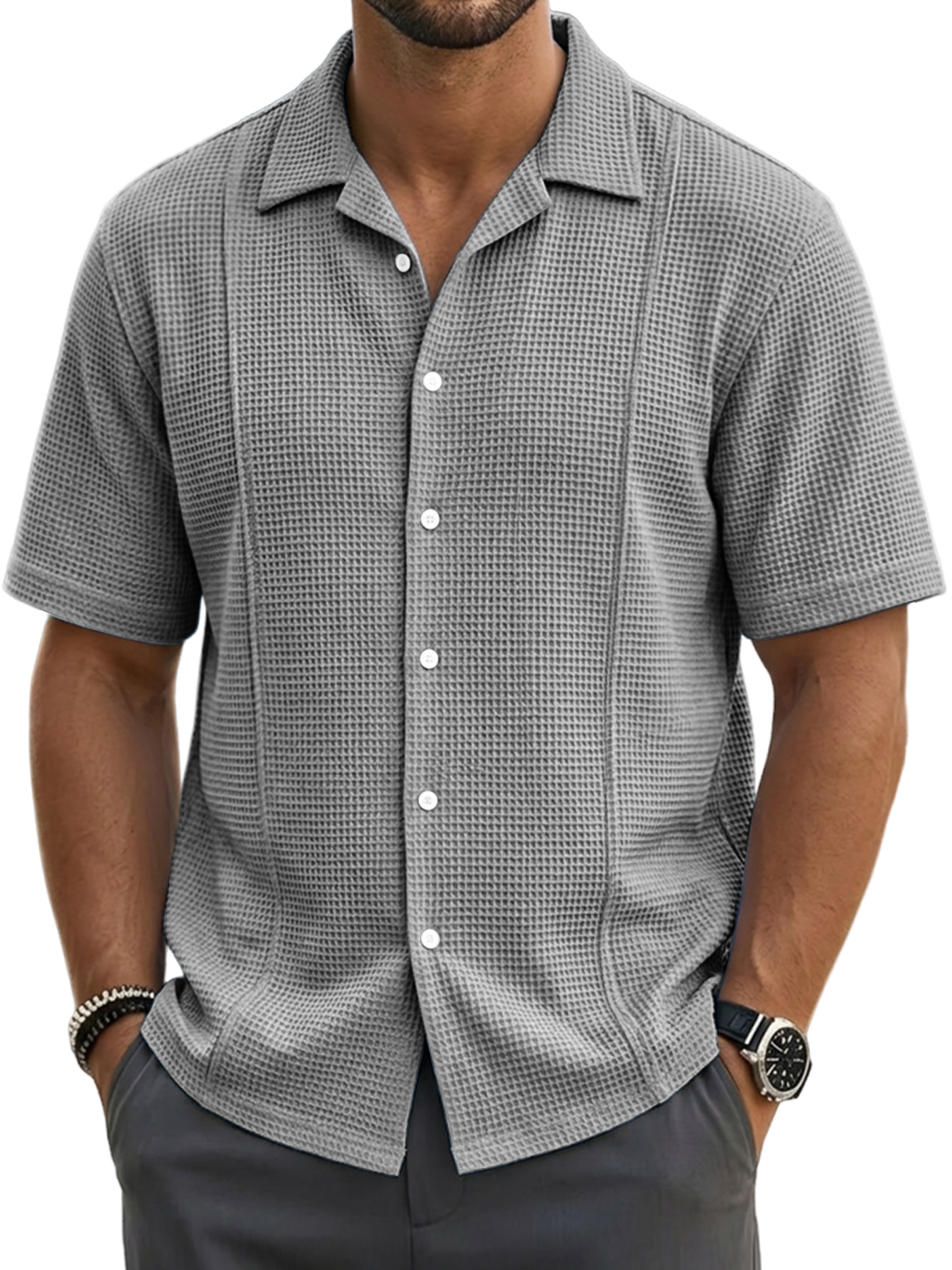 Men's waffle-knit deconstructed casual short-sleeved shirt