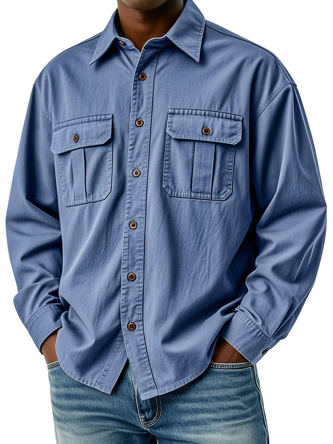 Men's Retro Double Pocket Casual Long-Sleeve Work Shirt
