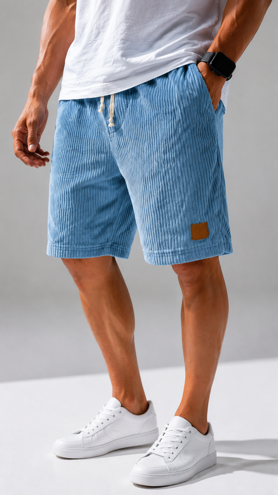 Men's Vintage Embroidered Logo Corduroy Stylish Lace-up Casual Shorts-