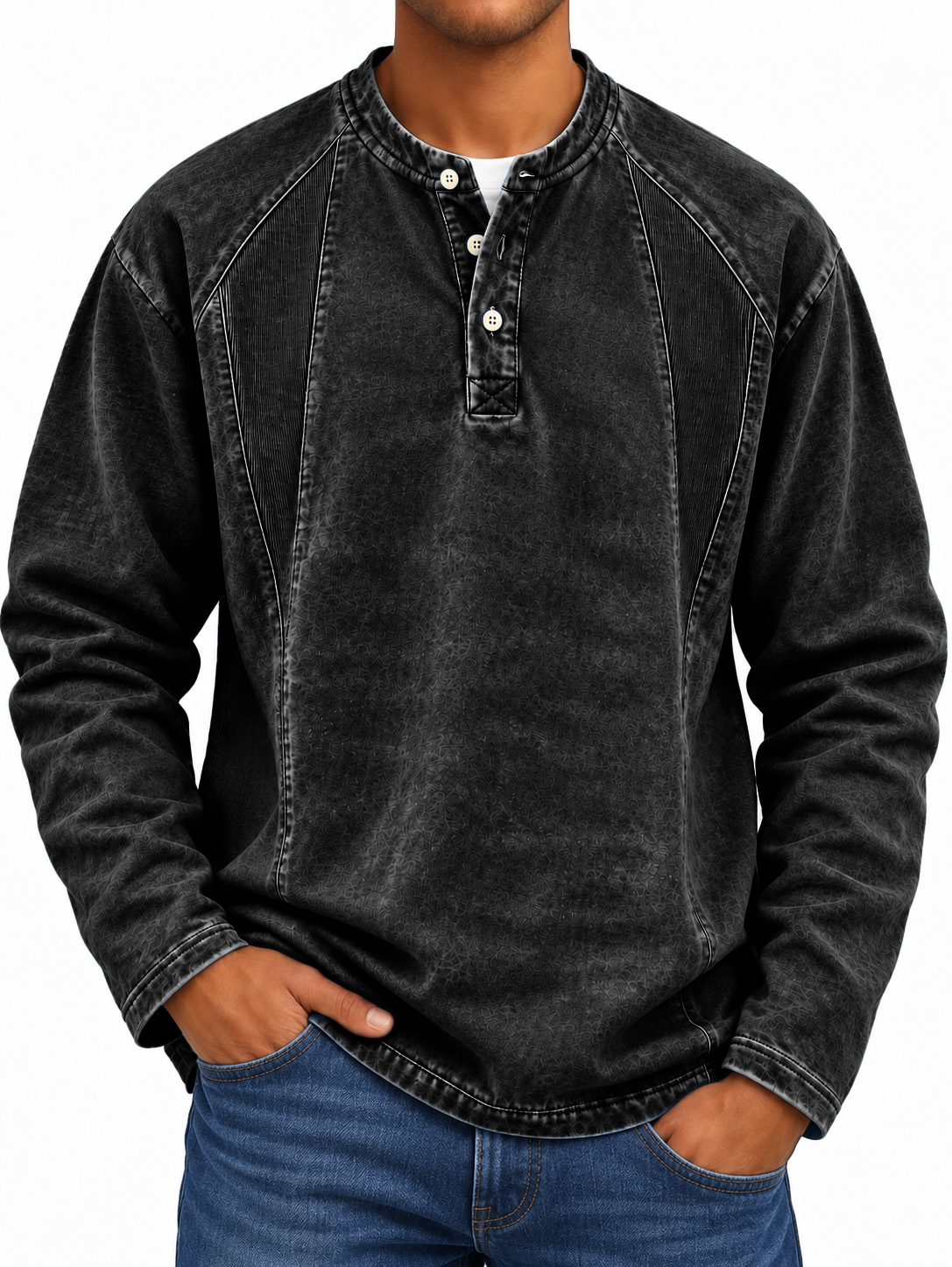 Men's Long-Sleeve Henley Shirt with Stand Collar