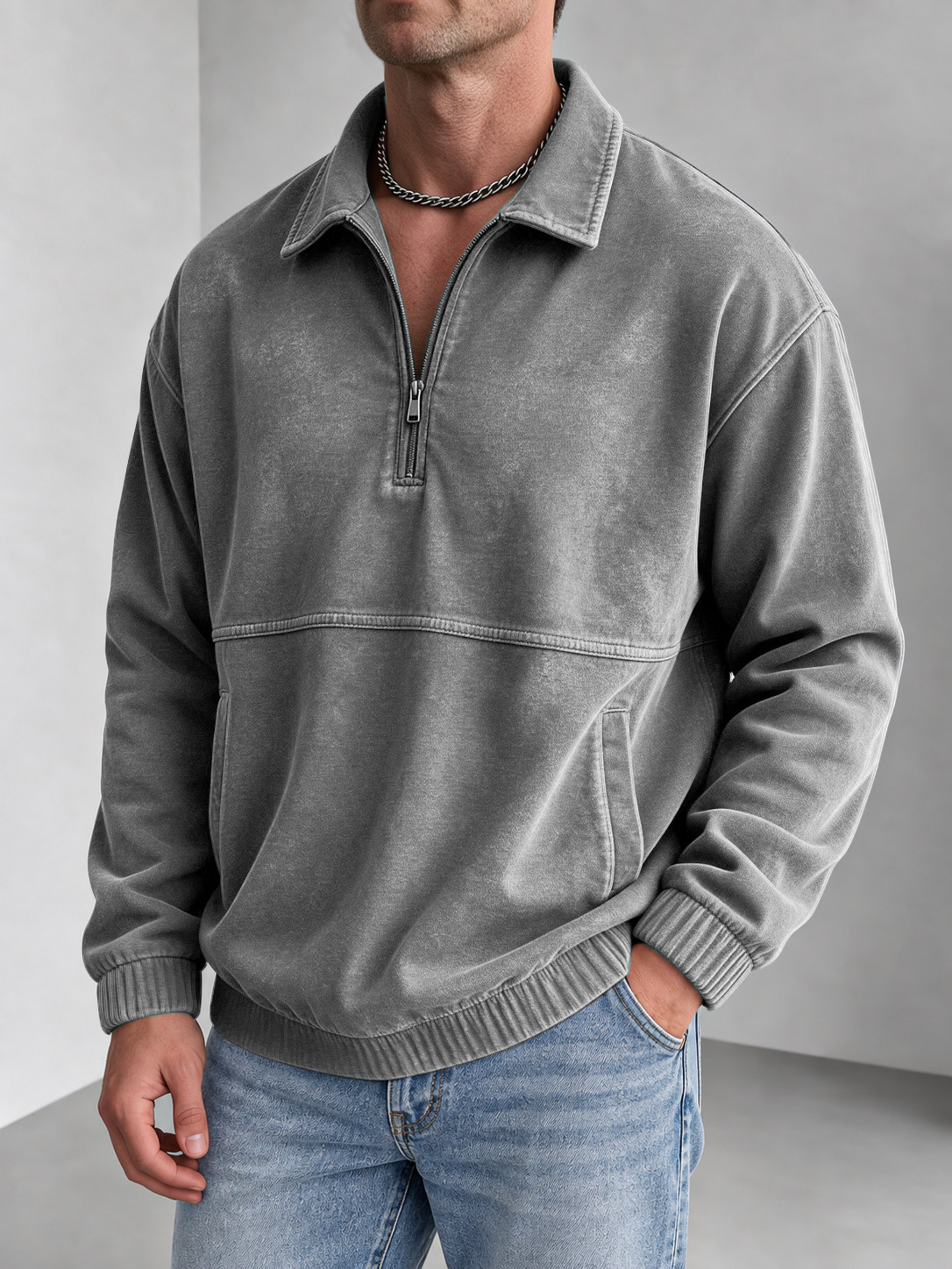 Men's Vintage Washed Zip-Collar Long-Sleeve Polo
