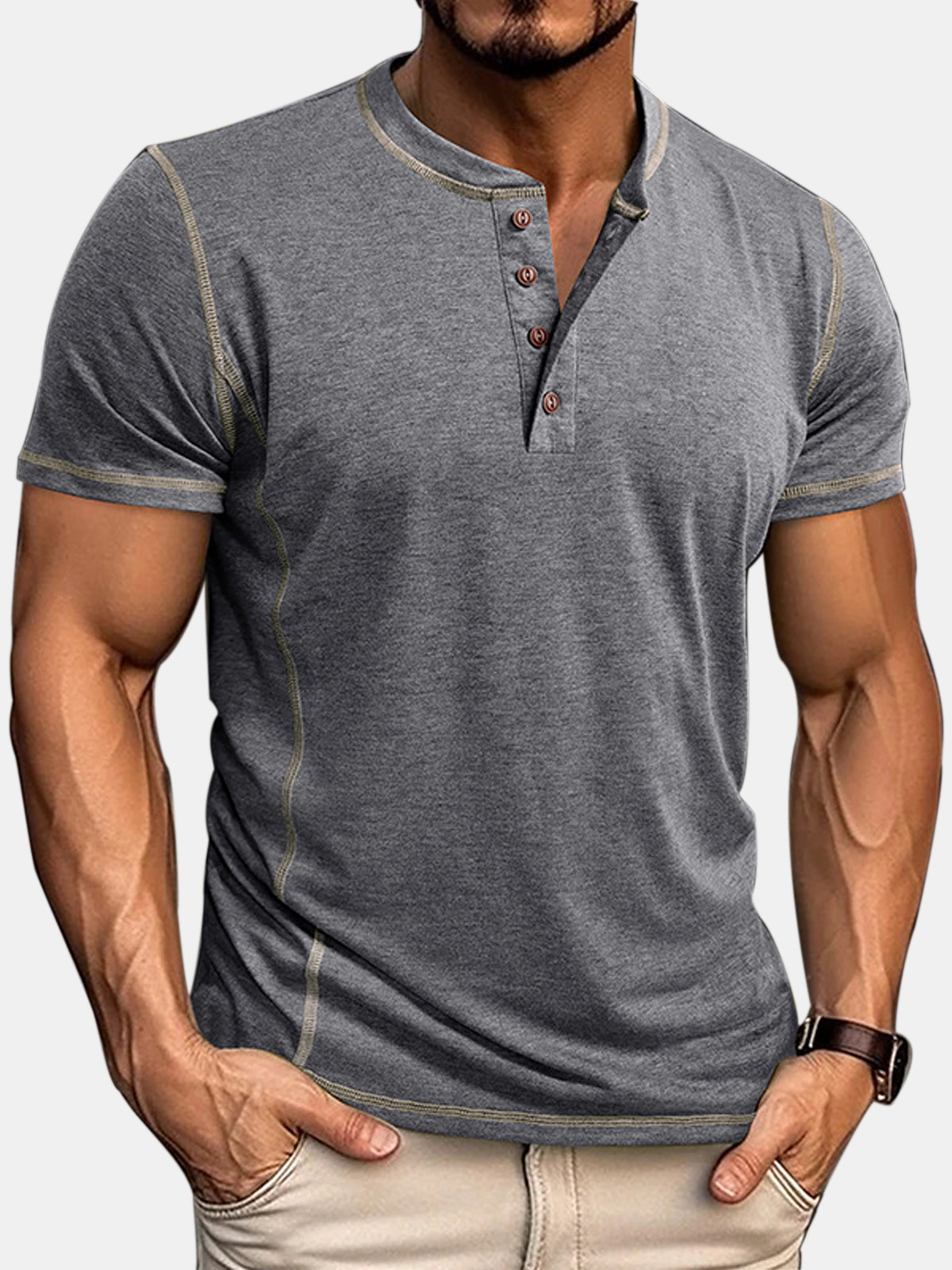 Men's Simple And Comfortable Solid Color Crew Neck Henley Shirt