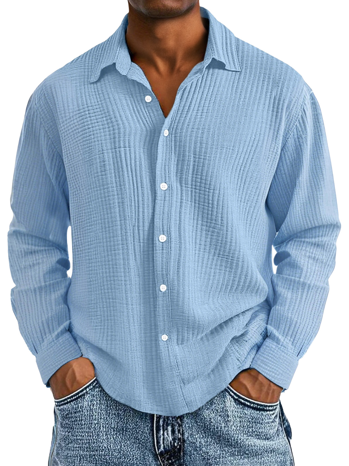 Men's Casual Cotton Pleated Solid Color Lapel Long Sleeve Shirt