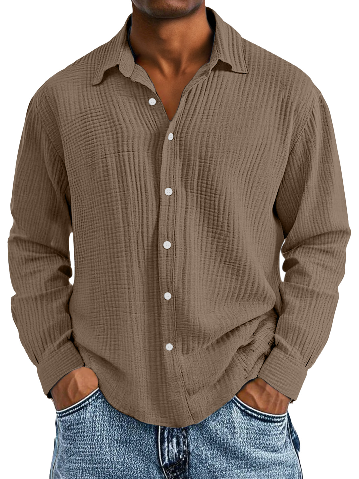 Men's Casual Cotton Pleated Solid Color Lapel Long Sleeve Shirt