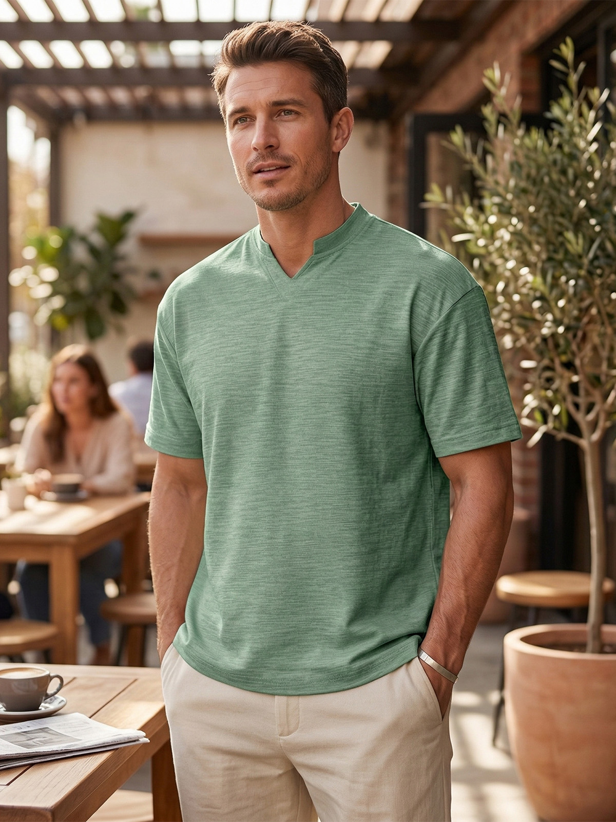 Men's Simple Solid Color Breathable Small V-neck Short-sleeved T-shirt