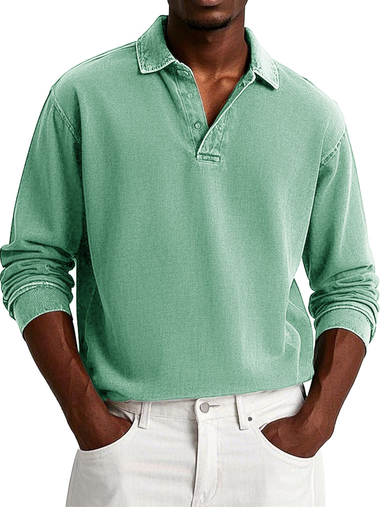 Men's Fashion Casual Retro Distressed Lapel Long-sleeved Polo Shirt 