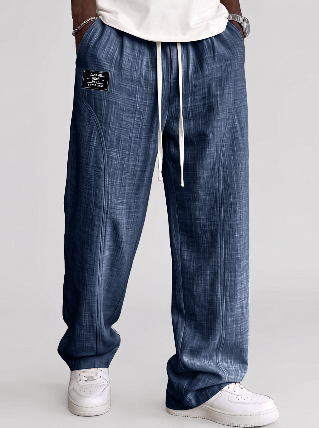 Men's Comfortable Cotton-Linen Casual Trousers with Deconstructed Design and Embroidered Logo