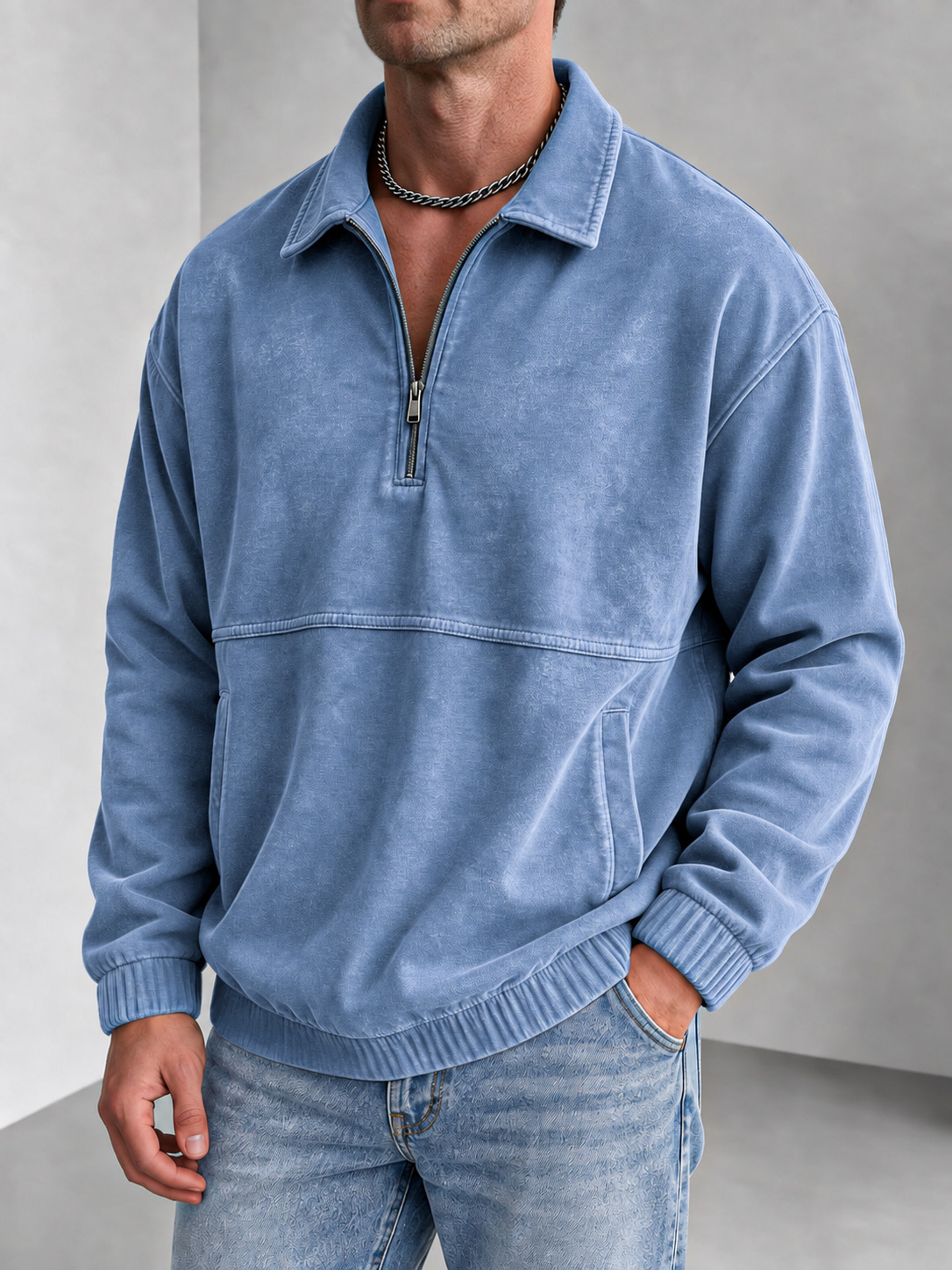Men's Vintage Washed Zip-Collar Long-Sleeve Polo