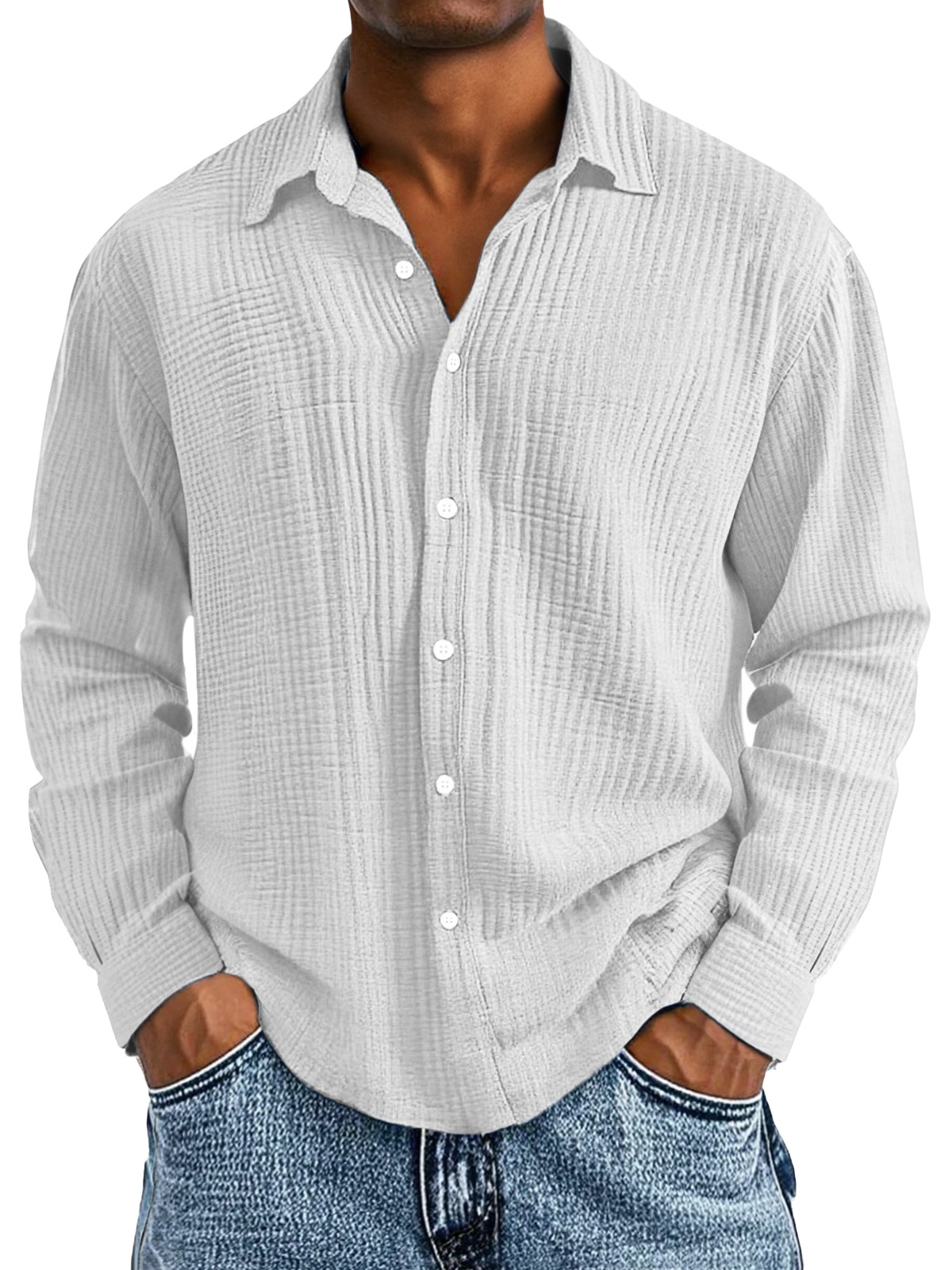 Men's Casual Cotton Pleated Solid Color Lapel Long Sleeve Shirt