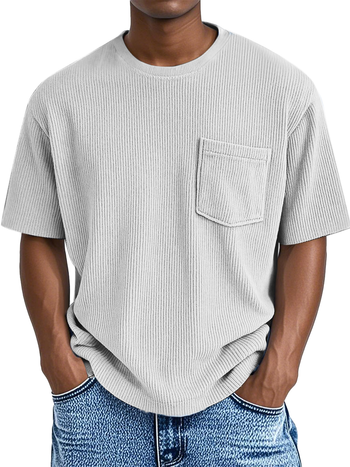Men's Comfortable Solid Color Pit Pocket Round Neck Short-sleeved T-shirt
