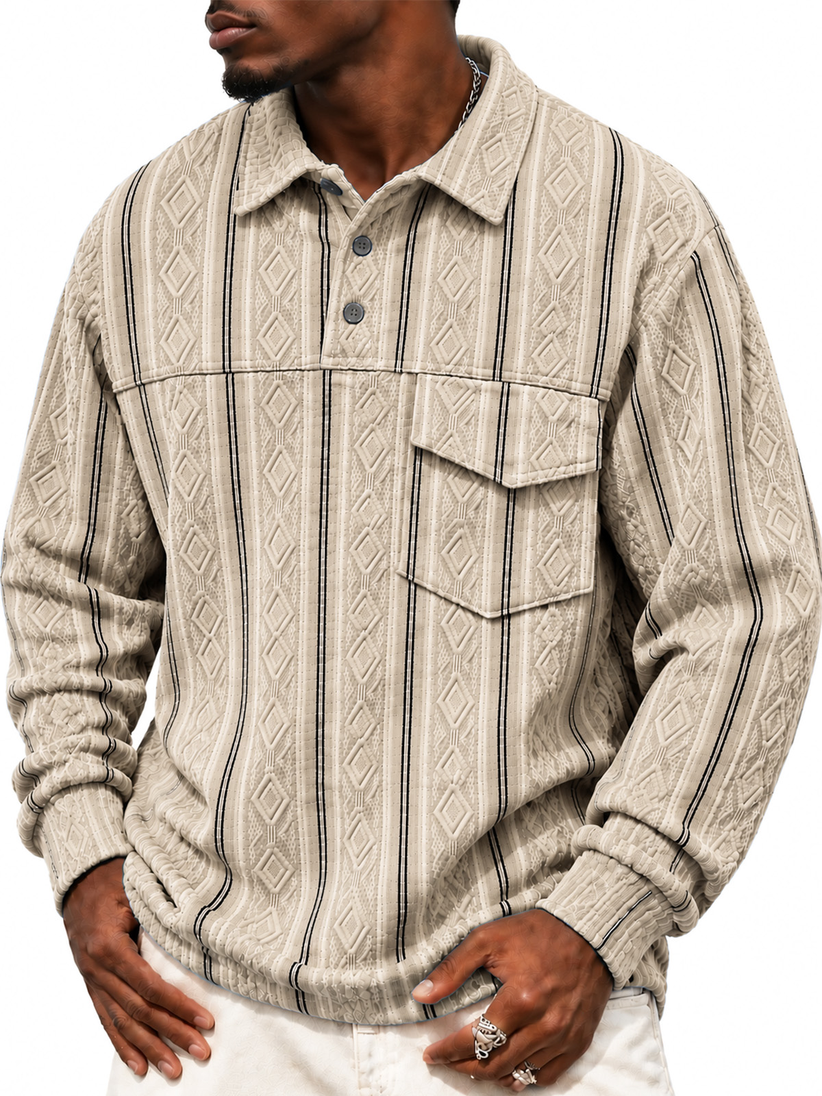 Men's Casual Jacquard Long-Sleeve Polo Shirt