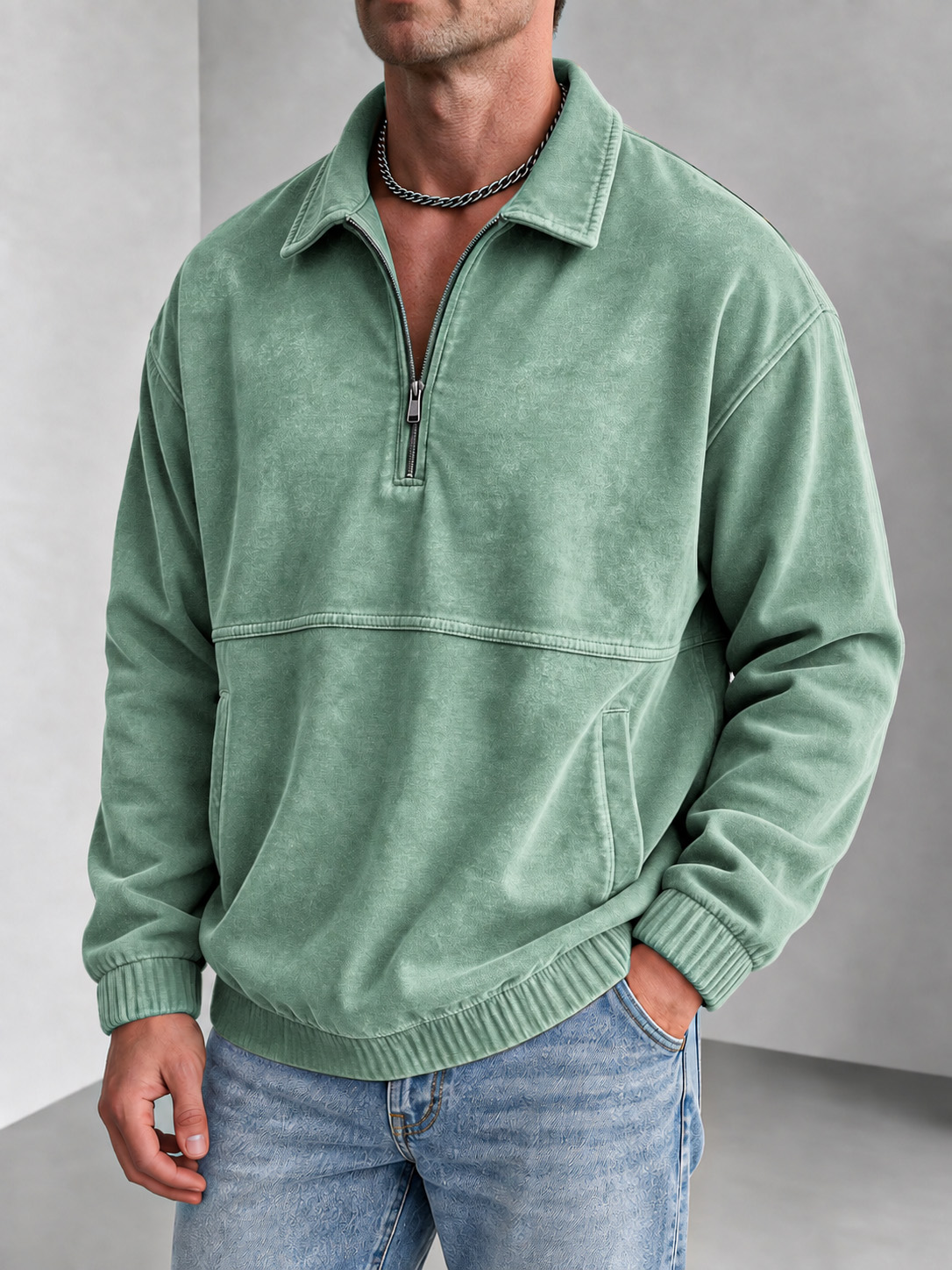 Men's Vintage Washed Zip-Collar Long-Sleeve Polo