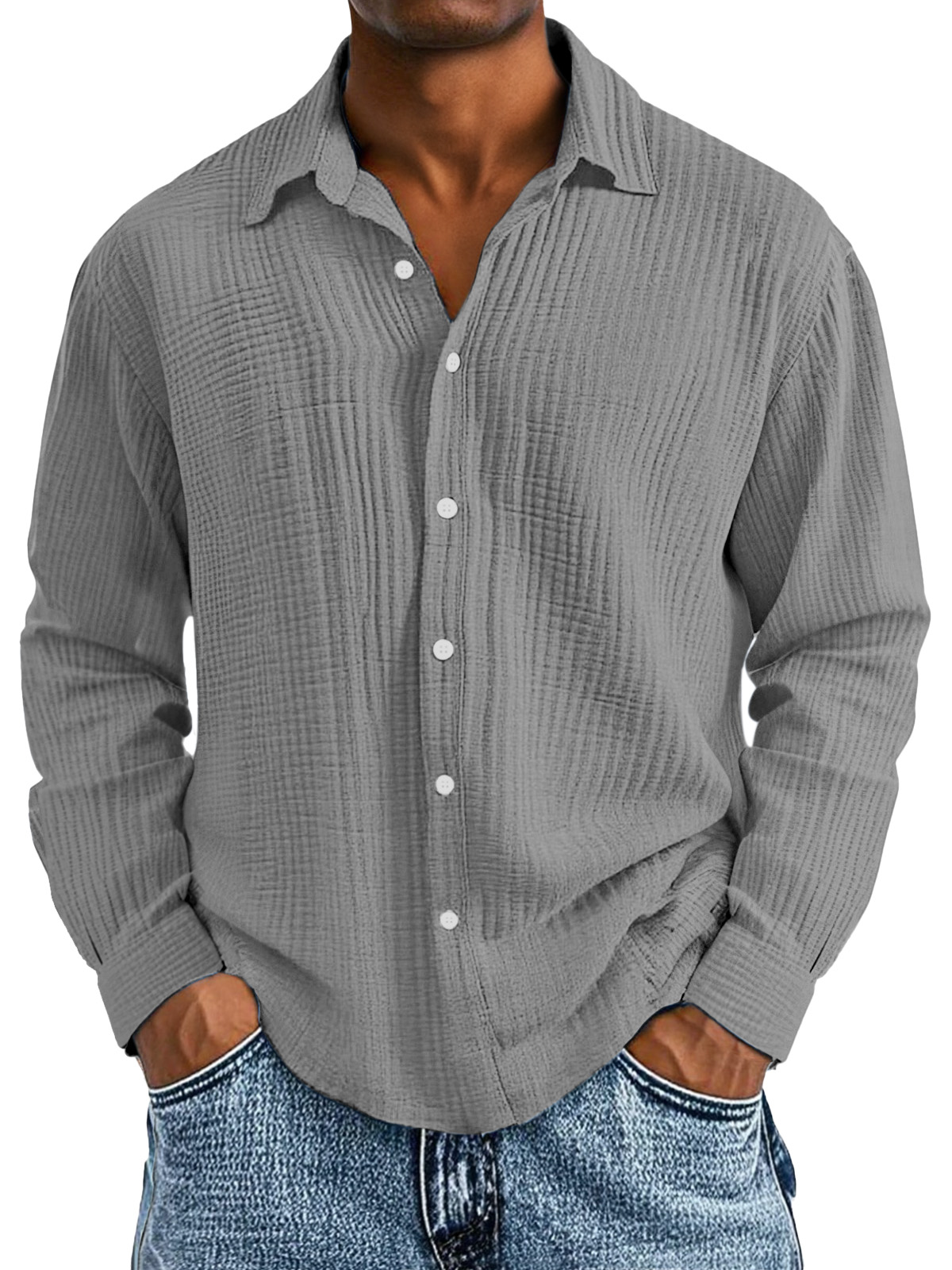 Men's Casual Cotton Pleated Solid Color Lapel Long Sleeve Shirt