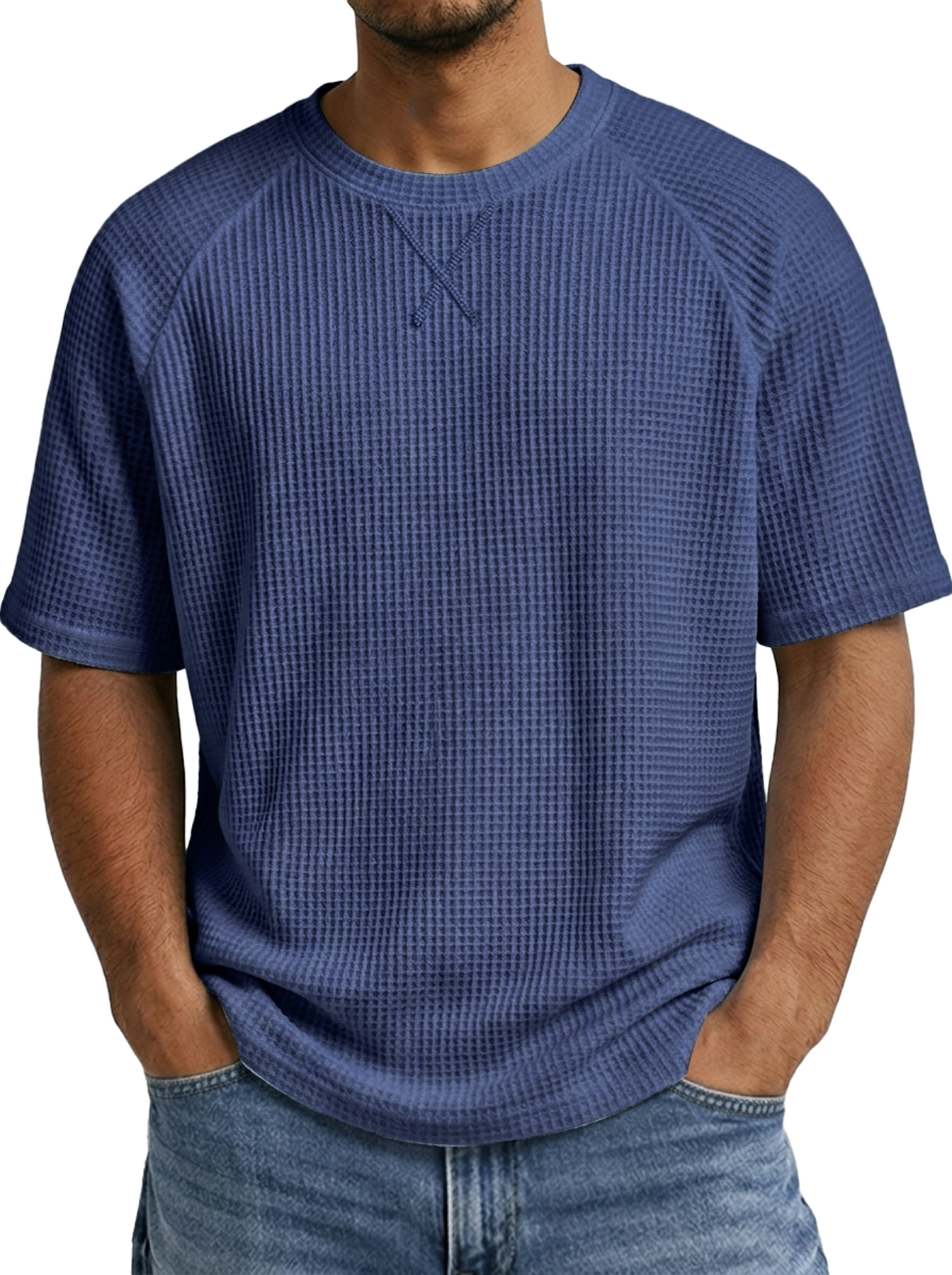 Men's Crew Neck Raglan Waffle Crossover Design Casual Short-Sleeve T-Shirt