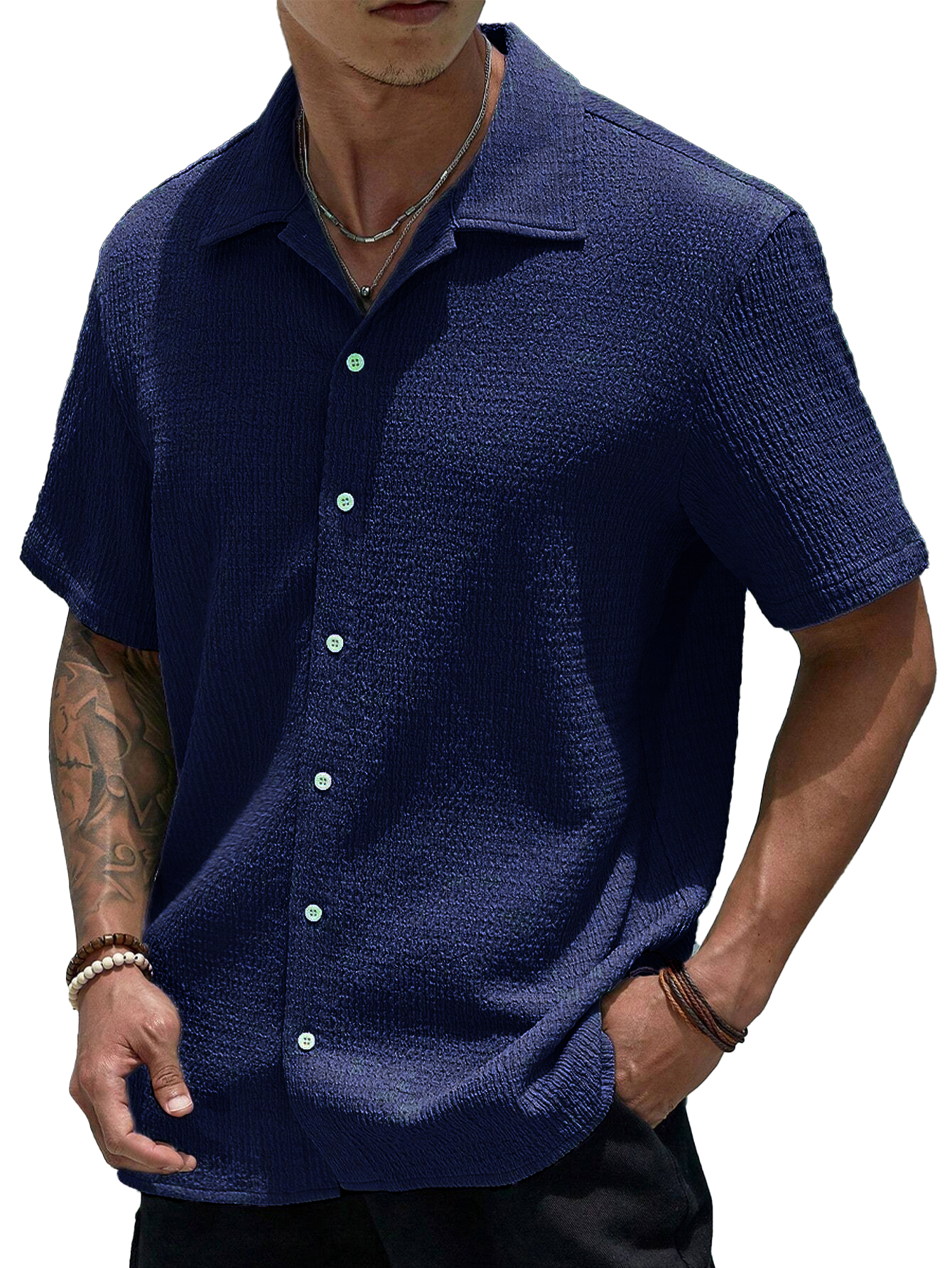 Stylish Men's Pleated Casual Lapel Short Sleeve Shirt