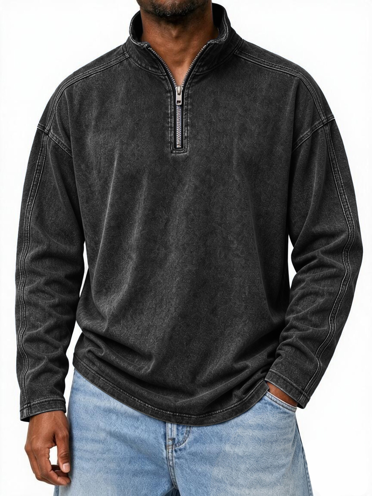 Men’s Vintage-Washed Relaxed Quarter-Zip Mock Neck Pullover