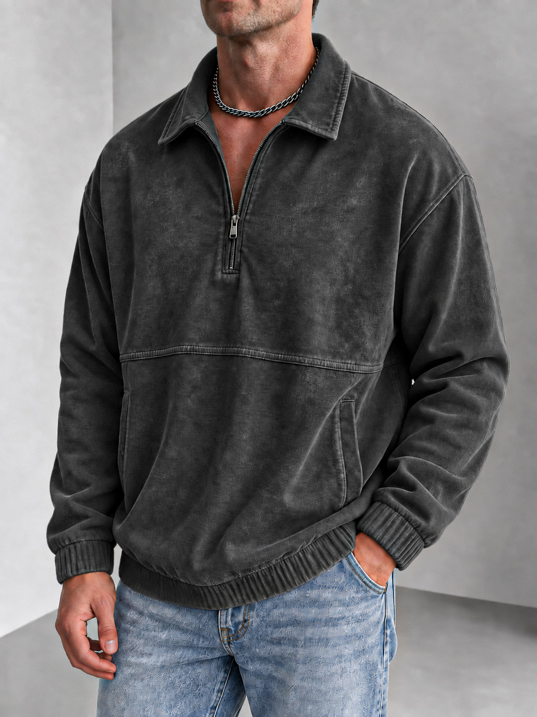 Men's Vintage Washed Zip-Collar Long-Sleeve Polo