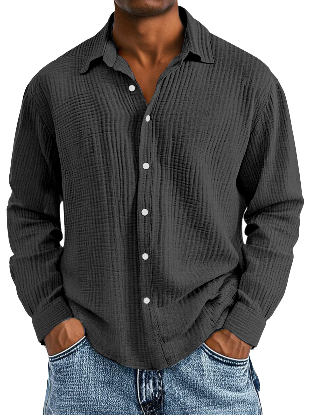 Men's Casual Cotton Pleated Solid Color Lapel Long Sleeve Shirt