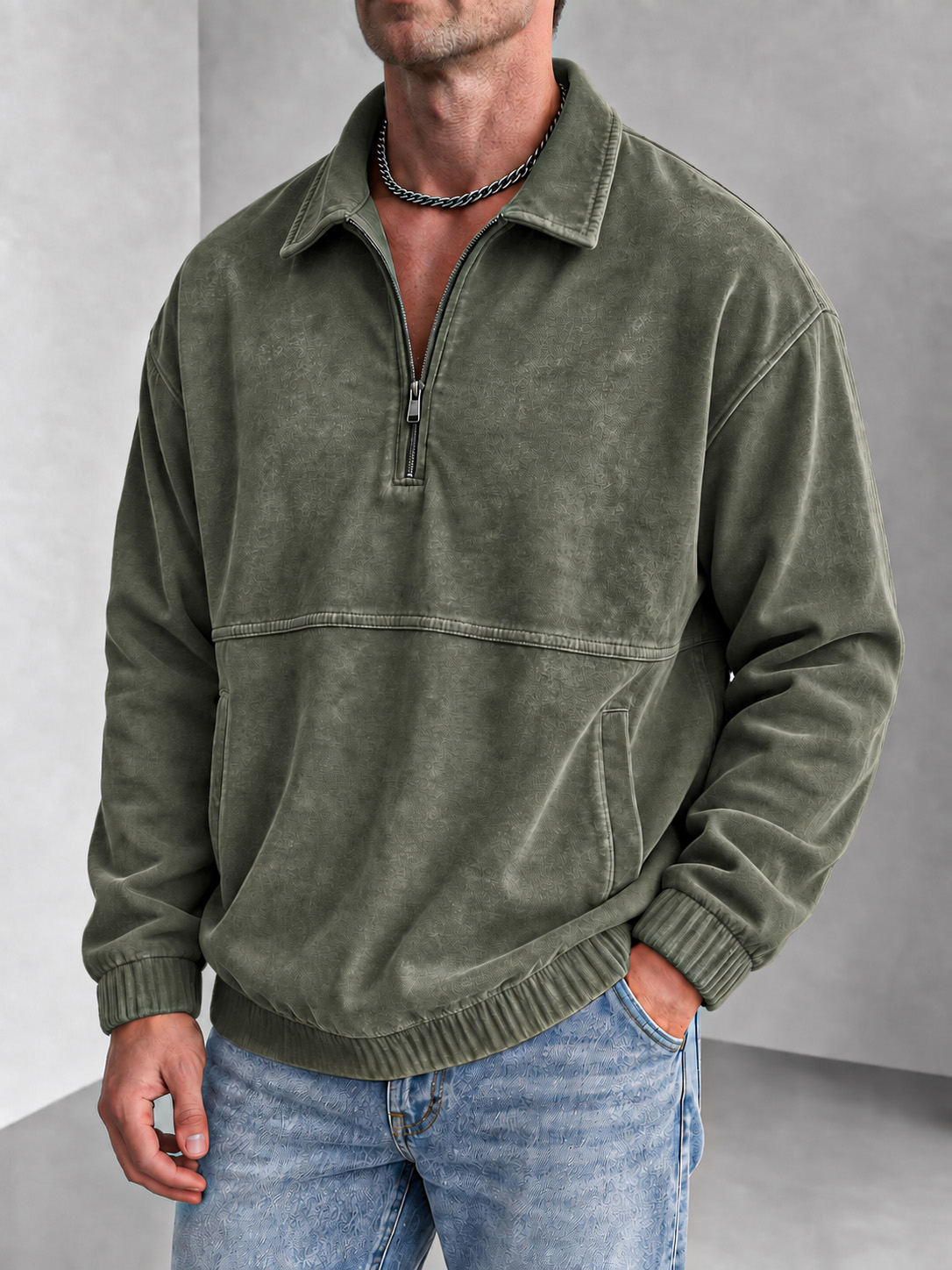 Men's Vintage Washed Zip-Collar Long-Sleeve Polo