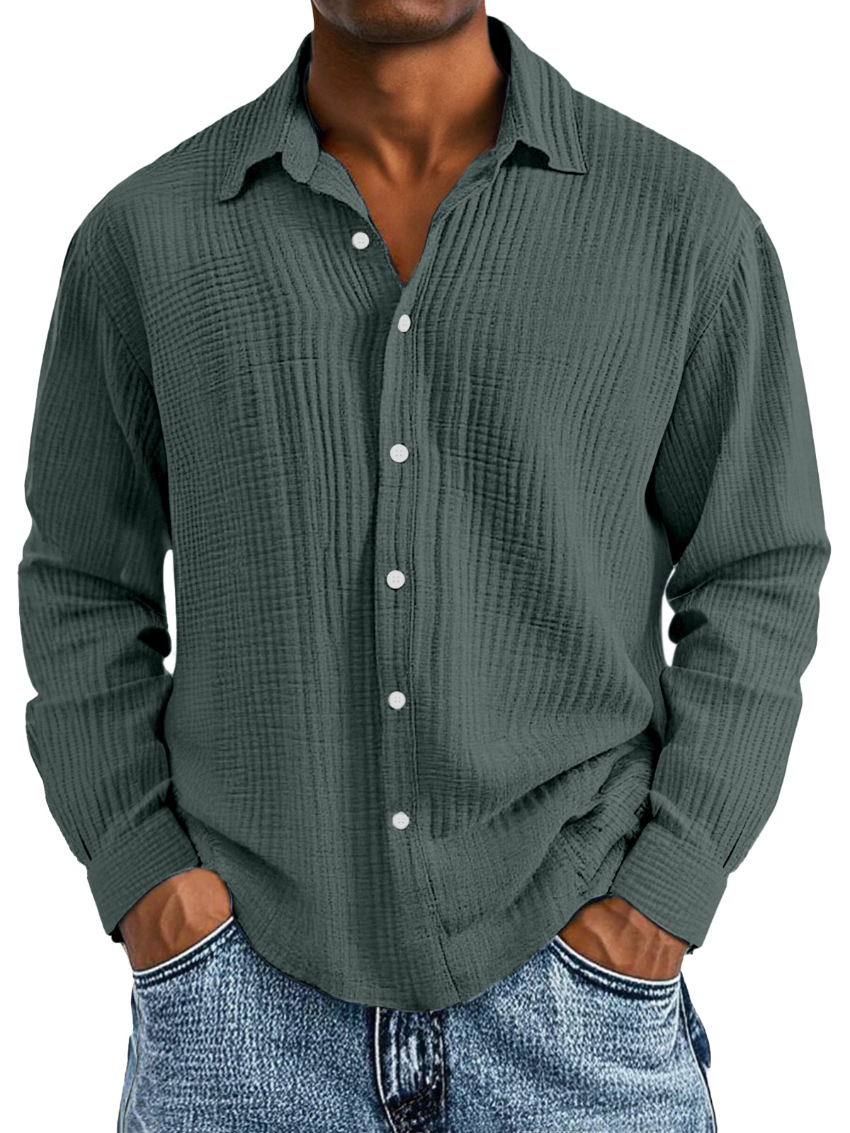 Men's Casual Cotton Pleated Solid Color Lapel Long Sleeve Shirt
