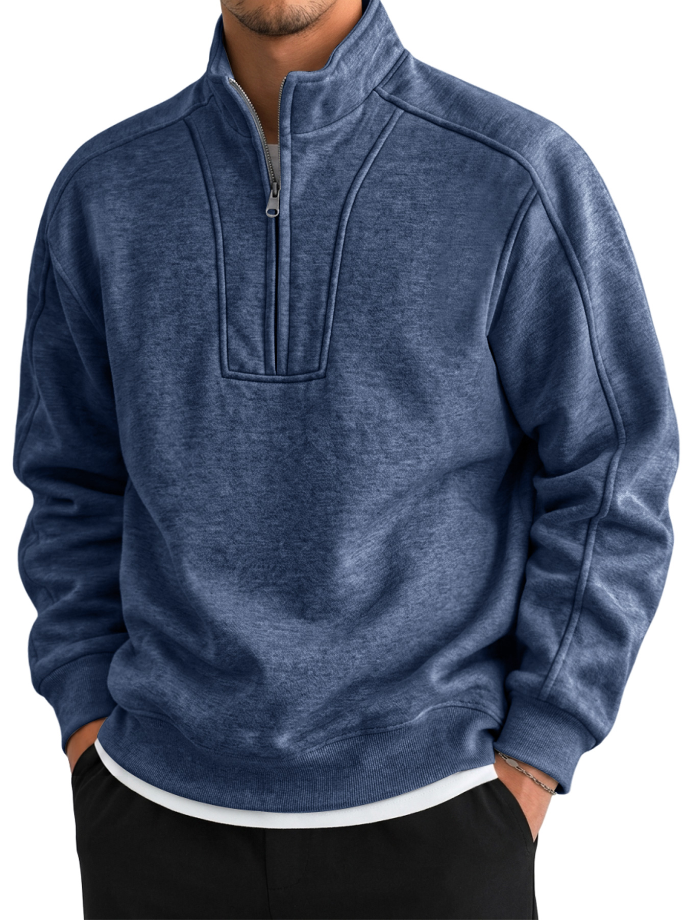 Men's Autumn/Winter Comfortable Sweatshirt with Stand Collar, Zipper, and Deconstructed Design