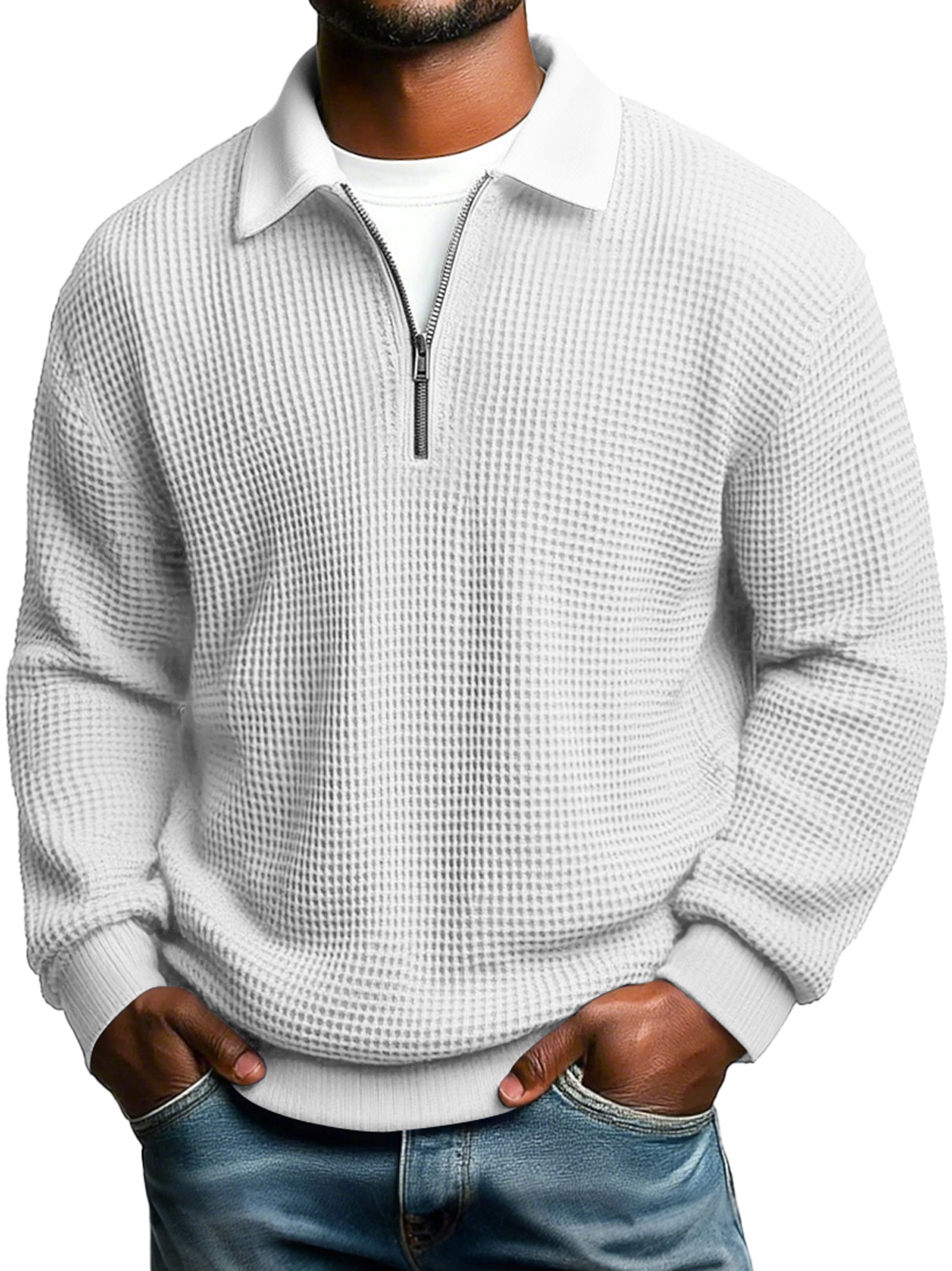 Simple Waffle-knit Collared Zip-up Casual Loose Long-sleeved Polo Shirt