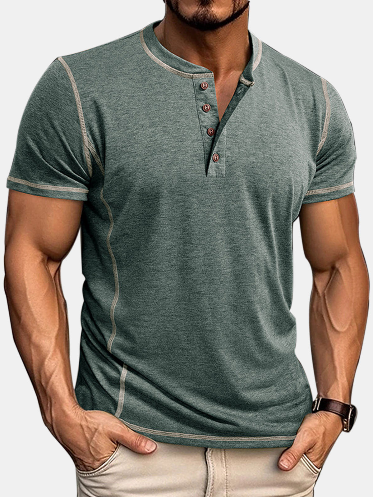 Men's Simple And Comfortable Solid Color Crew Neck Henley Shirt