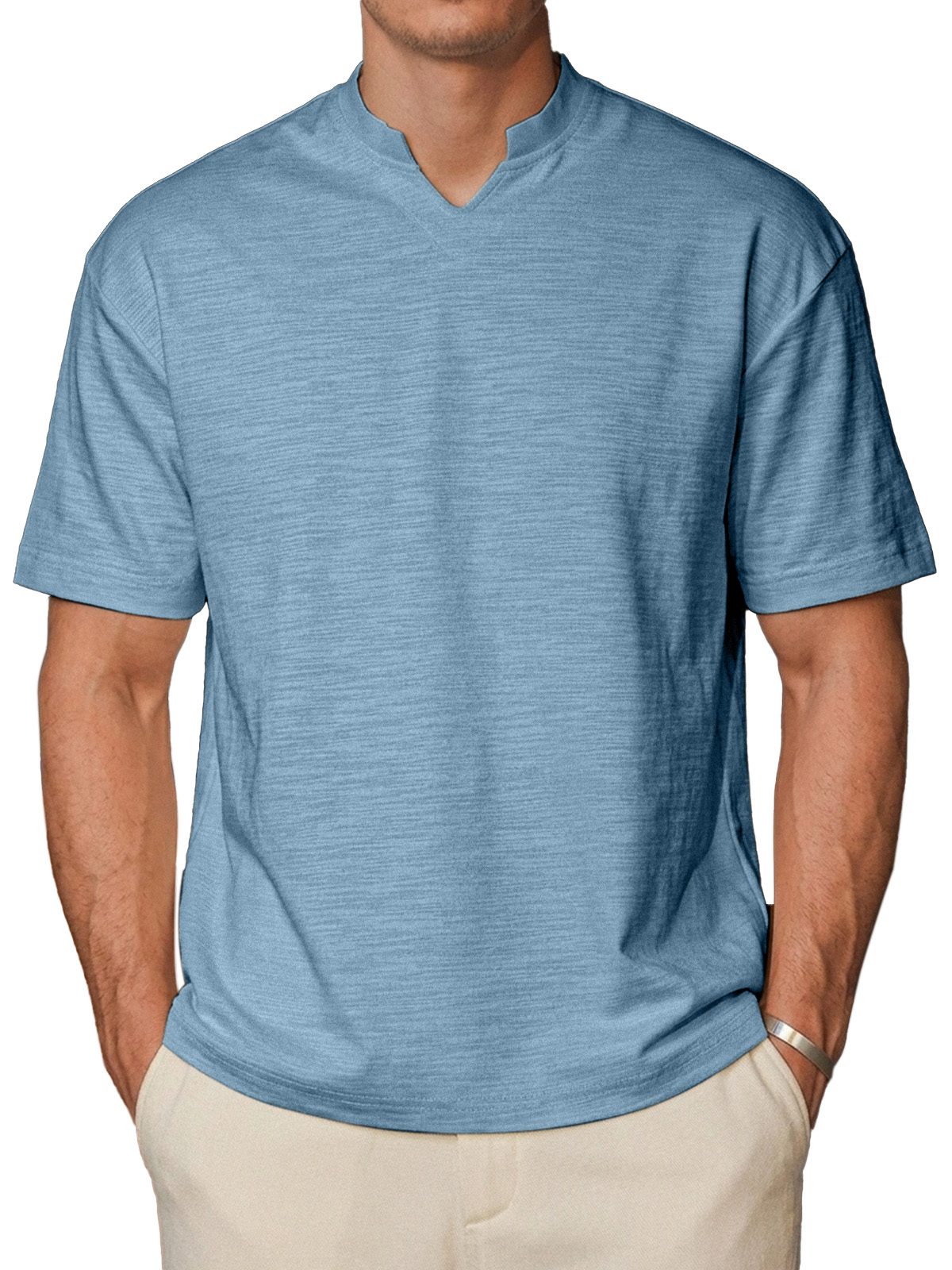 Men's Simple Solid Color Breathable Small V-neck Short-sleeved T-shirt