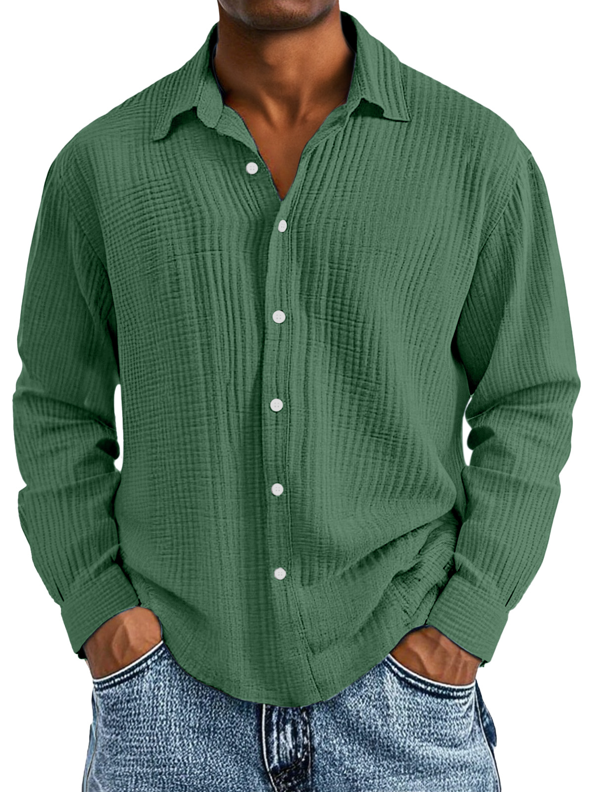 Men's Casual Cotton Pleated Solid Color Lapel Long Sleeve Shirt