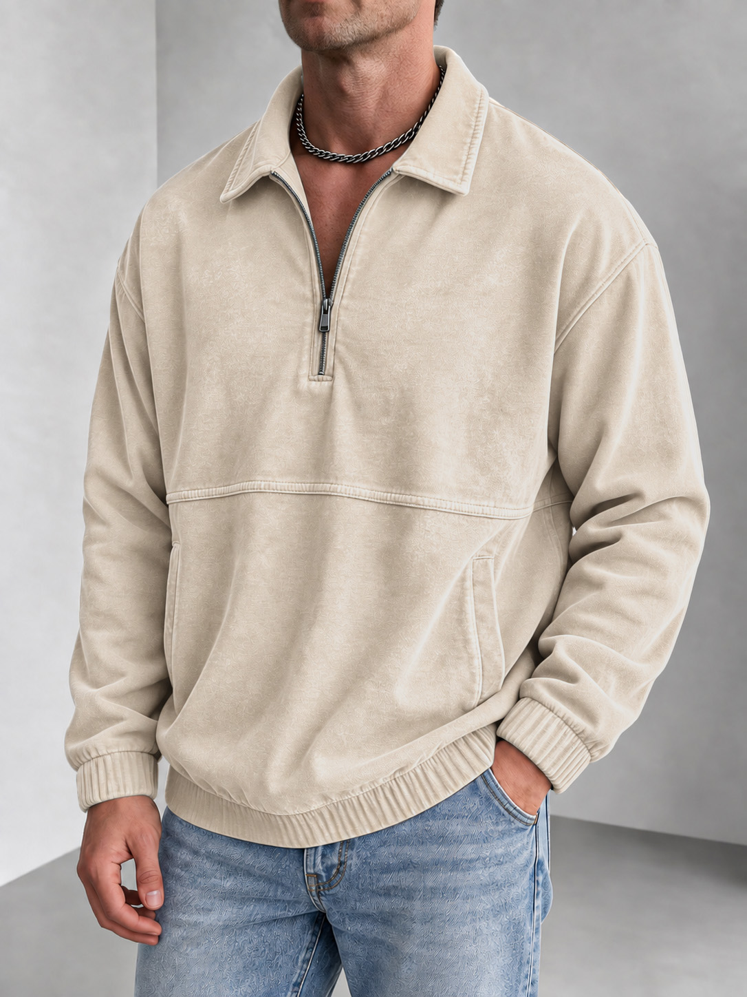 Men's Vintage Washed Zip-Collar Long-Sleeve Polo
