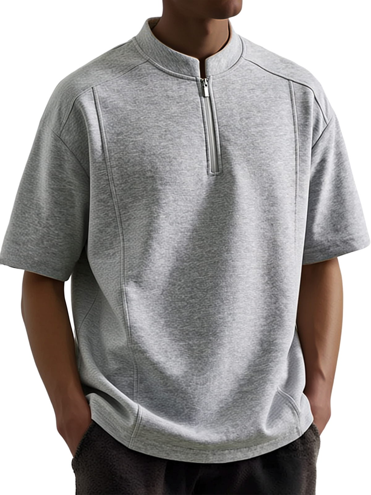 Men's Everyday Casual Deconstructed Design Quarter Zipper Short-Sleeve Henley Shirt