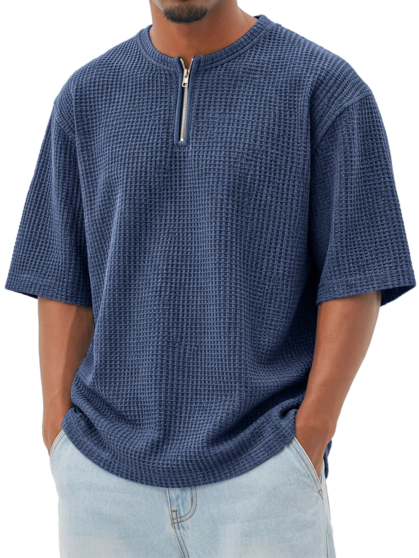 Men's Waffle-Knit Crew-Neck Short-Sleeve T-Shirt with Zipper Detail