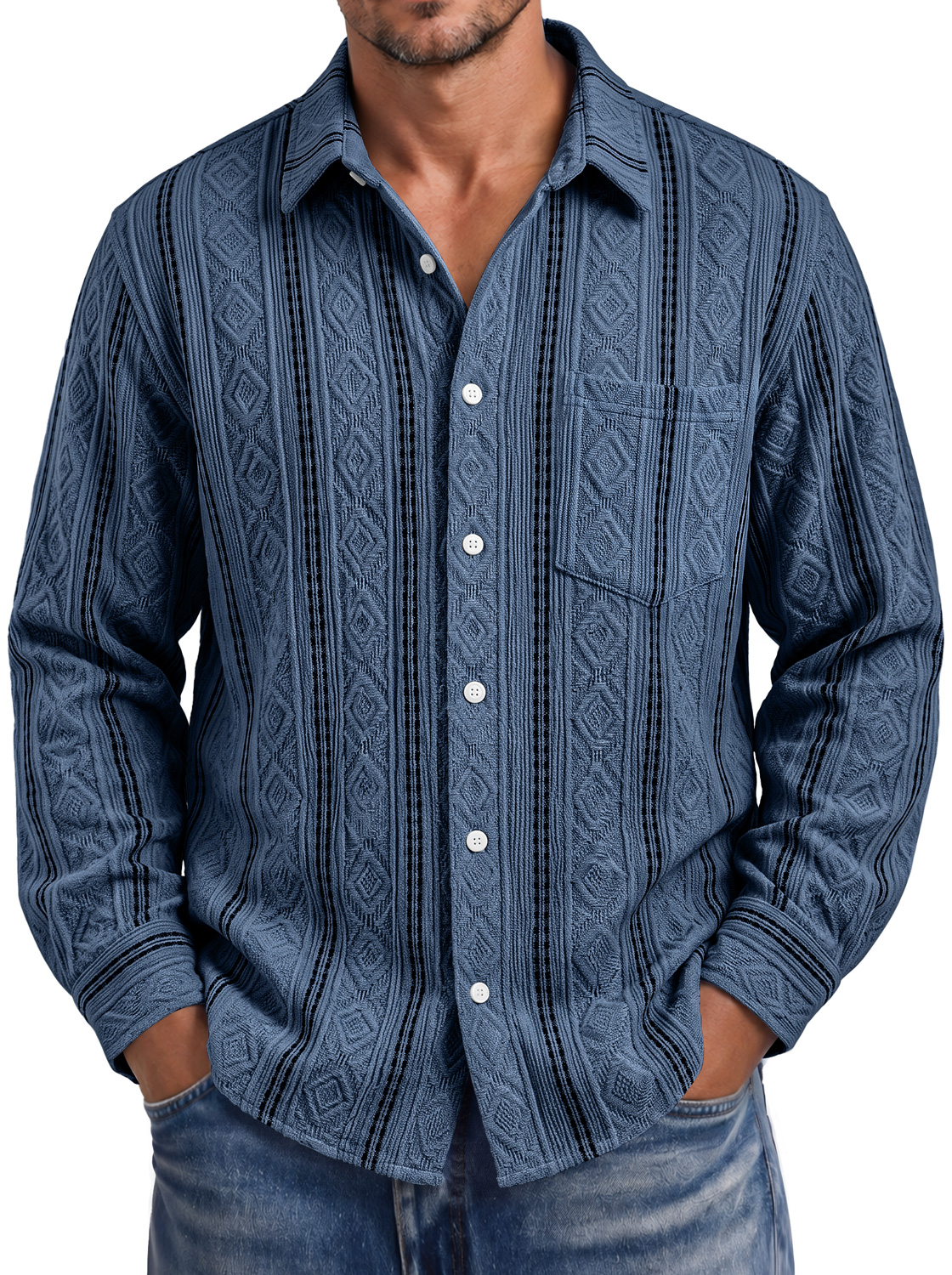 Men's Autumn Casual Long-Sleeve Shirt with Jacquard Texture