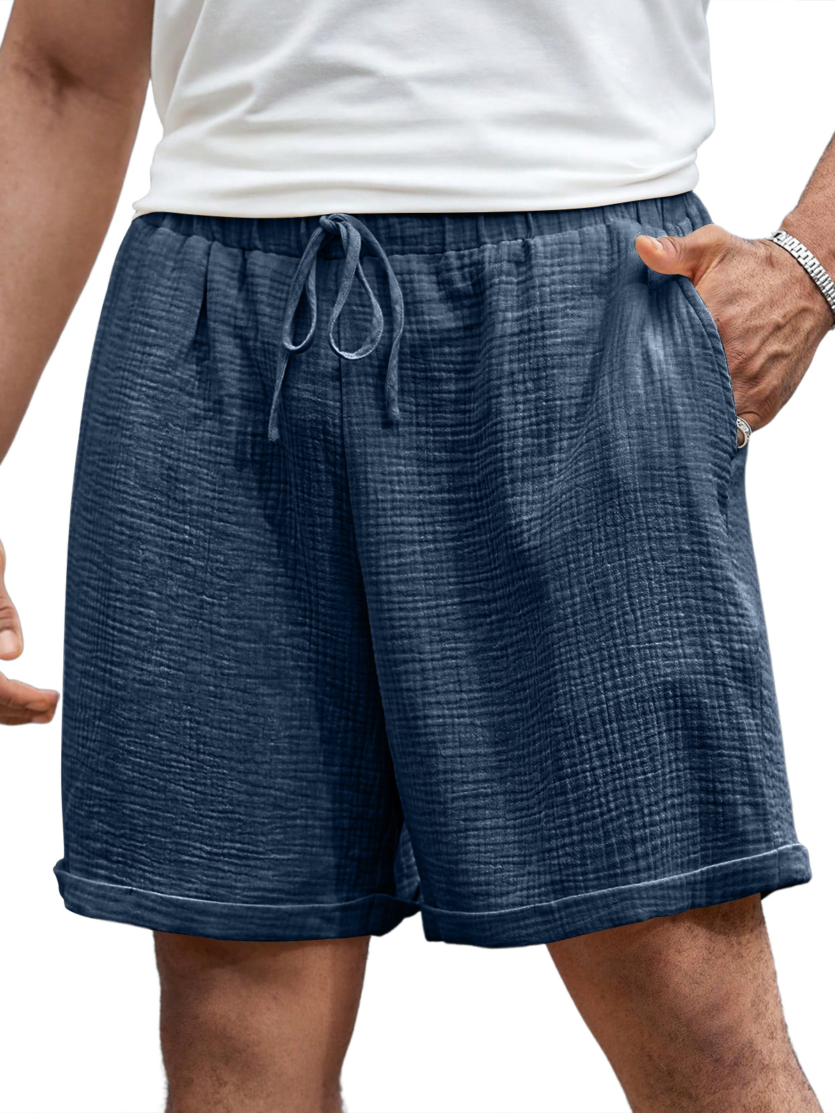 Men's Casual Pleated Elastic Waist Comfort Solid Color Shorts