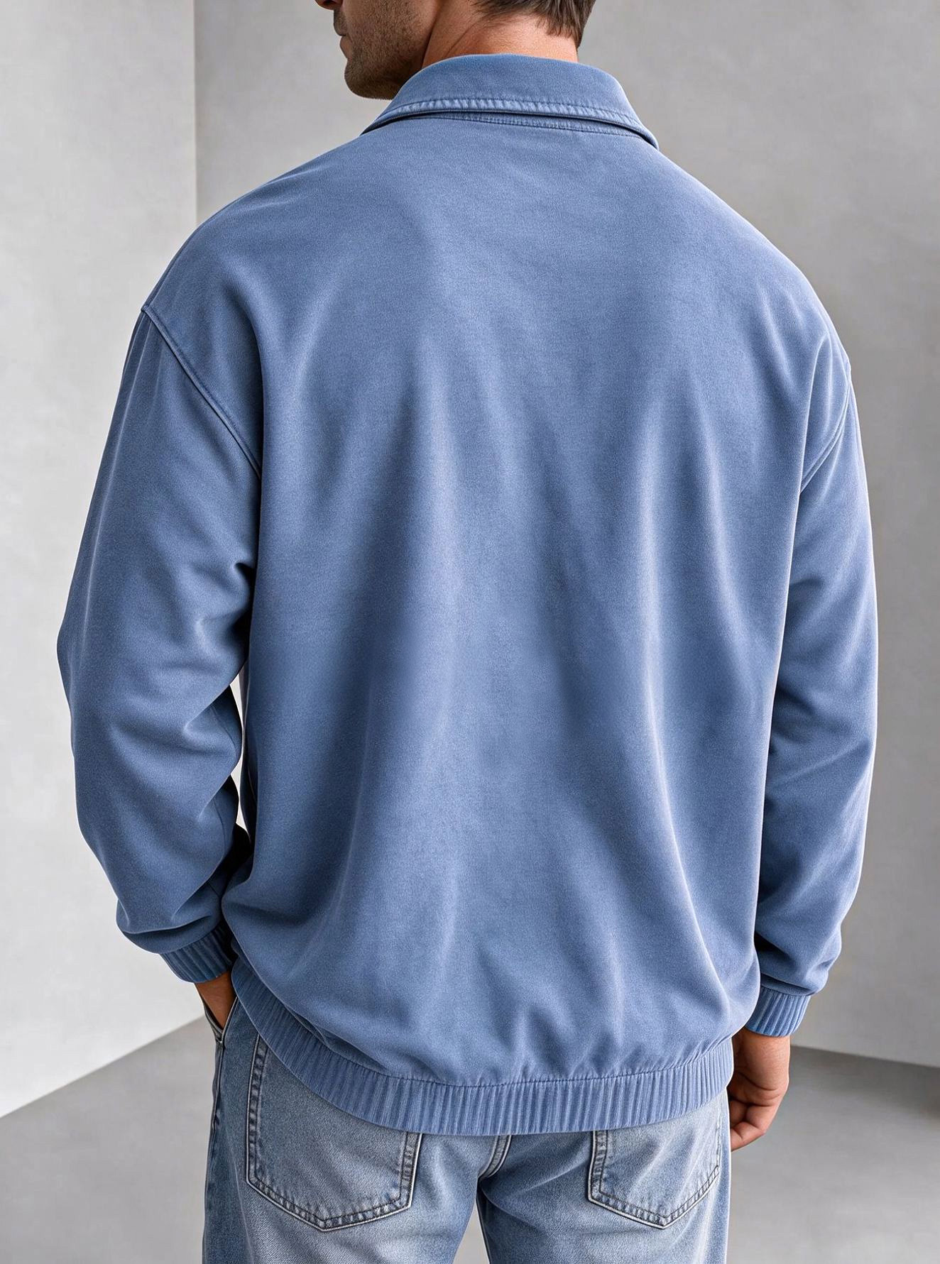 Men's Vintage Washed Zip-Collar Long-Sleeve Polo