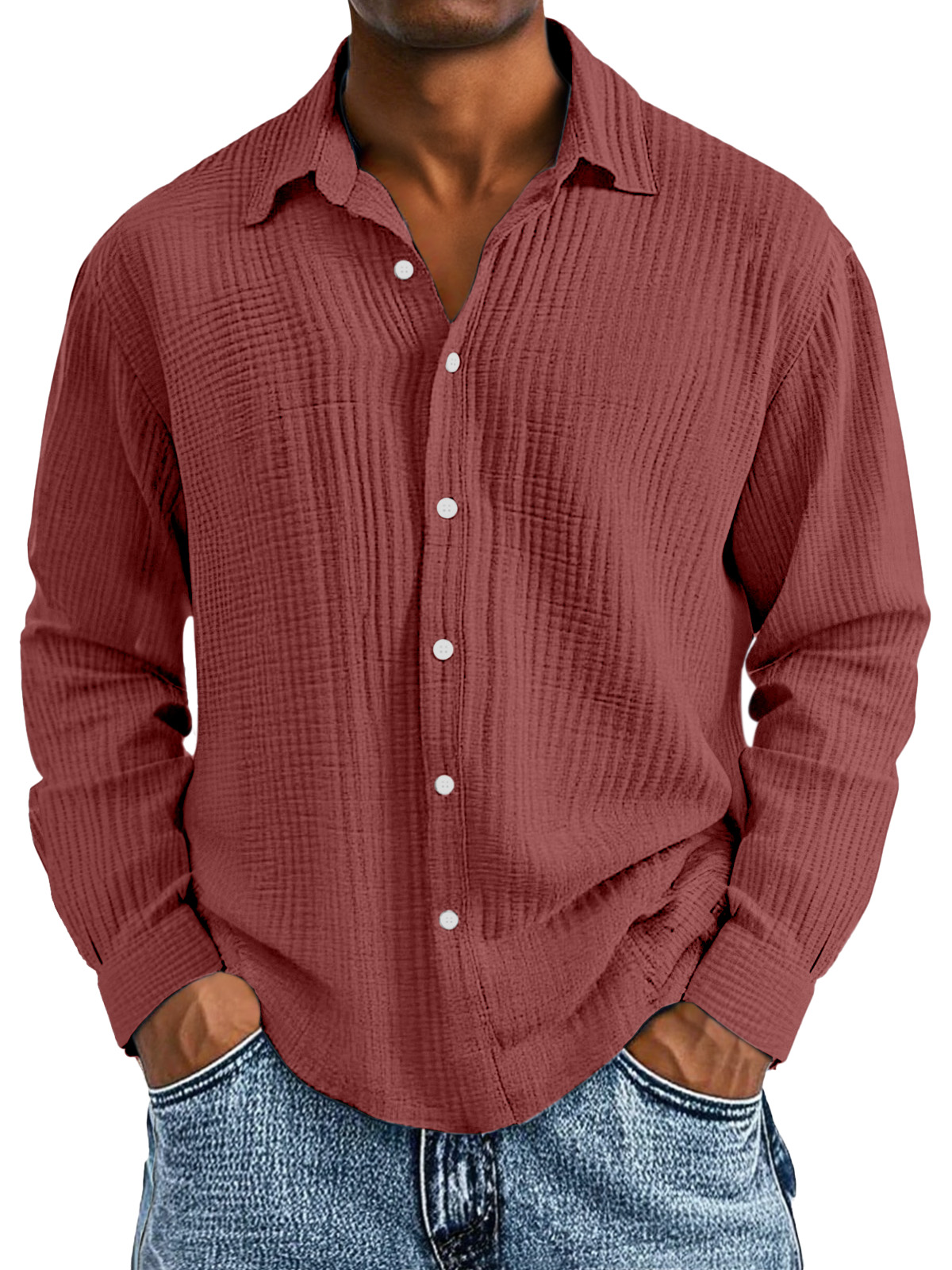 Men's Casual Cotton Pleated Solid Color Lapel Long Sleeve Shirt
