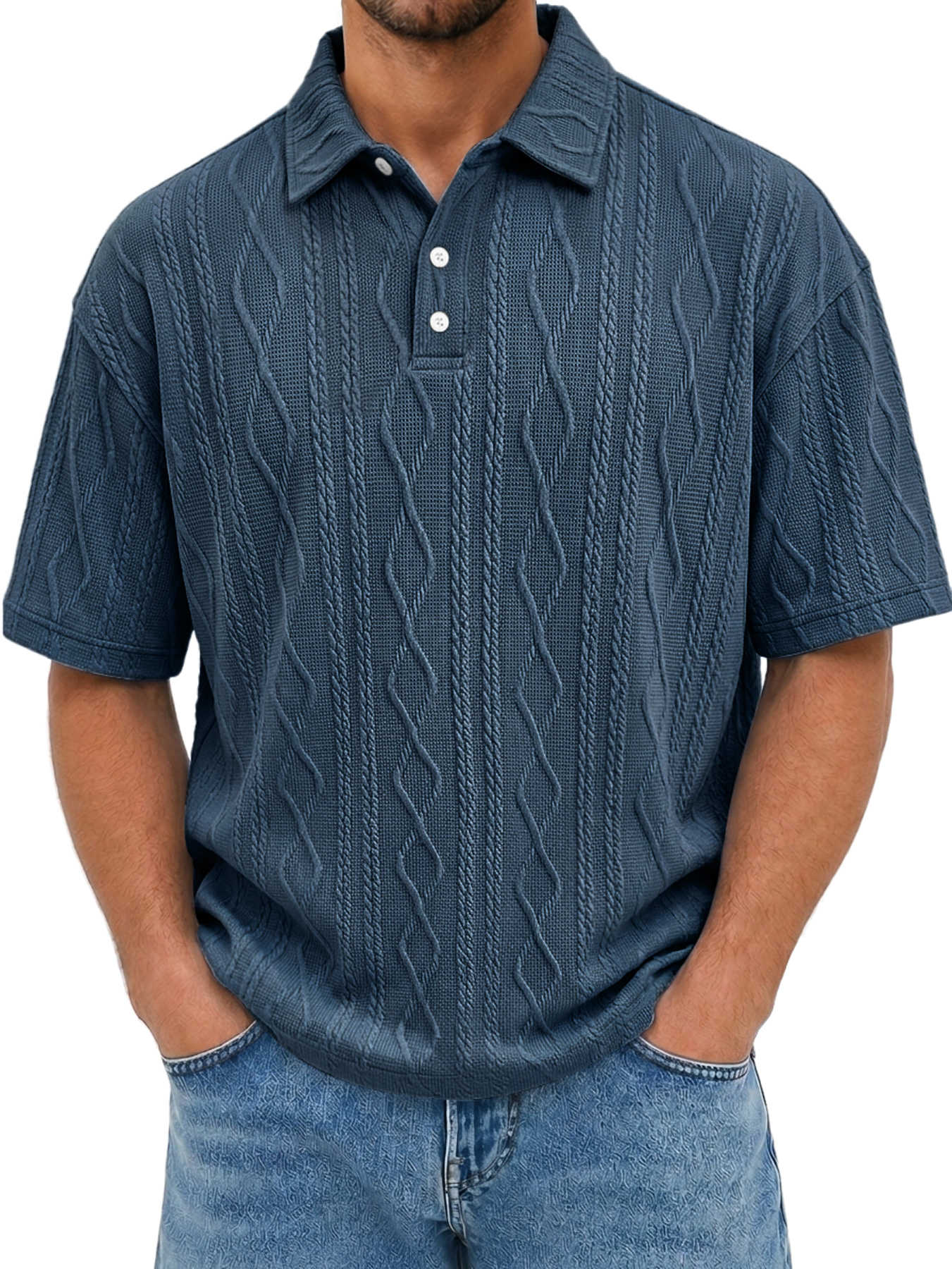 Men's Short-Sleeve Jacquard-Texture Polo Shirt with Collar and Button Placket