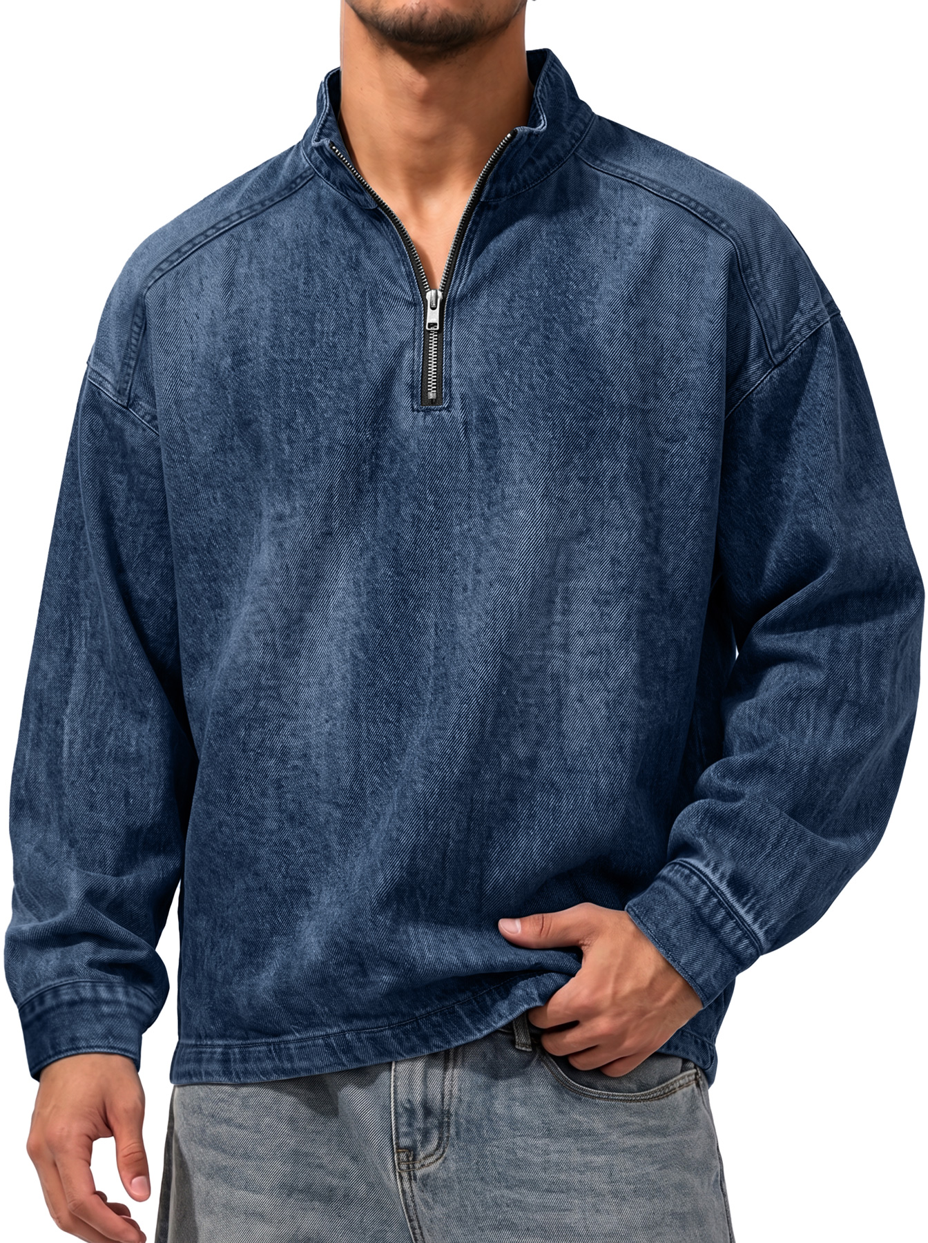 Men's Vintage Denim-Style Stand-Collar Zip-Front Casual T-Shirt