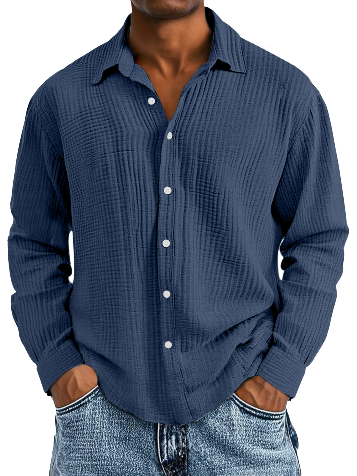 Men's Casual Cotton Pleated Solid Color Lapel Long Sleeve Shirt