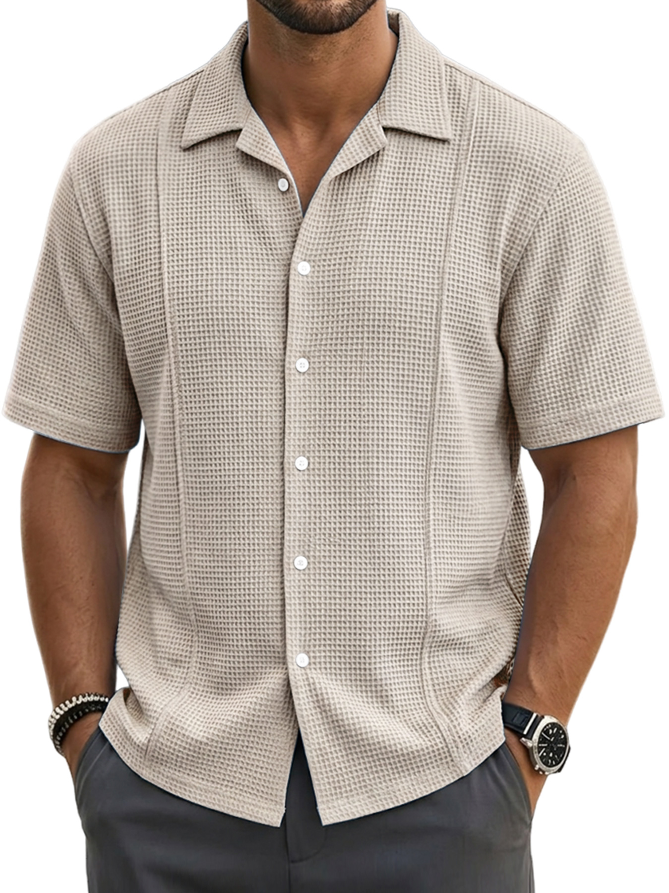Men's waffle-knit deconstructed casual short-sleeved shirt