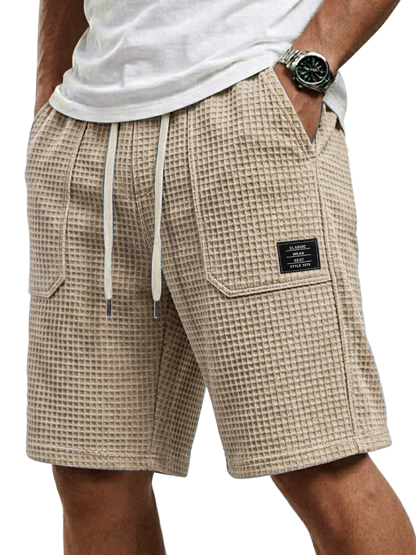 Men's Waffle Patch Pocket Embroidered Logo Casual Shorts
